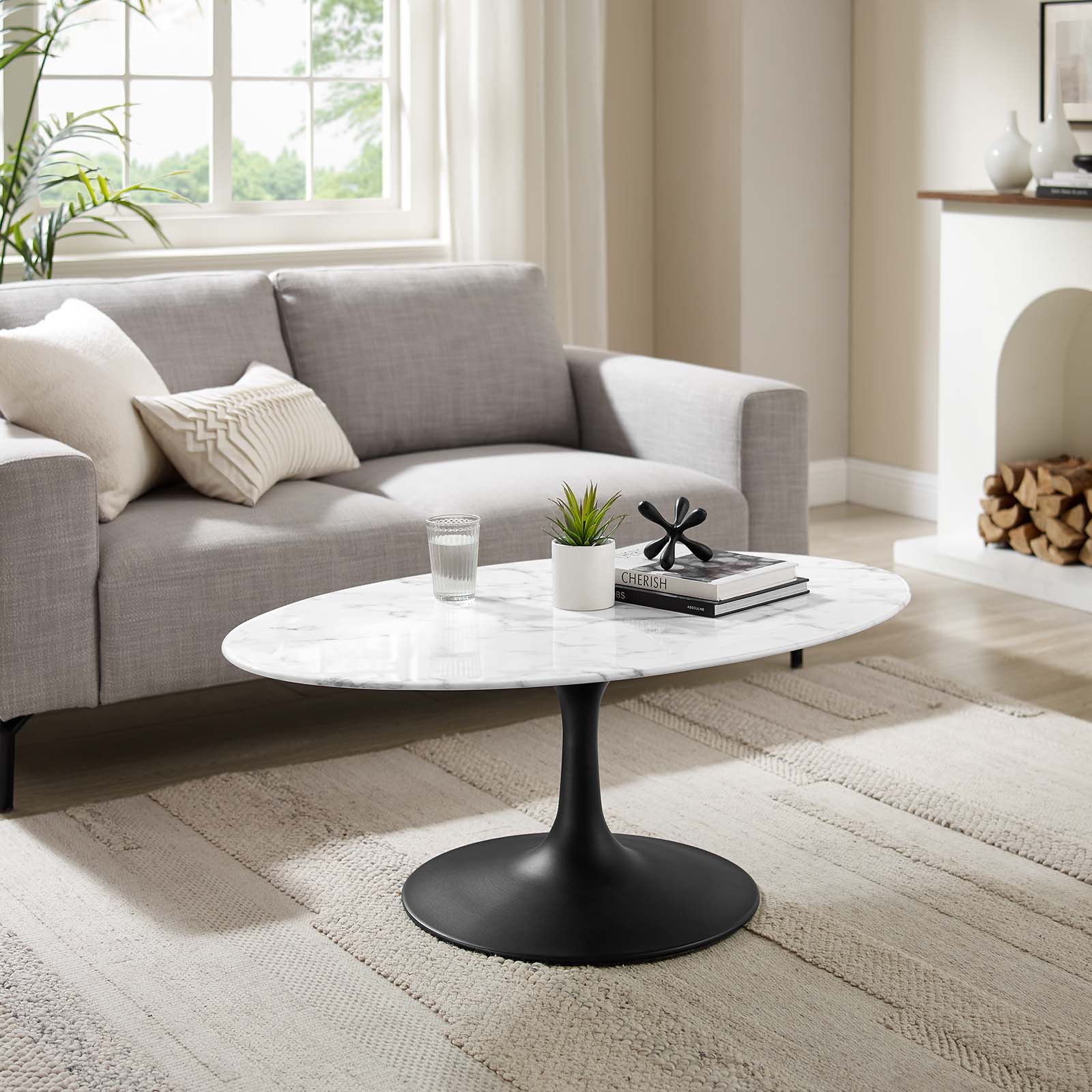 Lippa 42" Oval-Shaped Artificial Marble Coffee Table - East Shore Modern Home Furnishings
