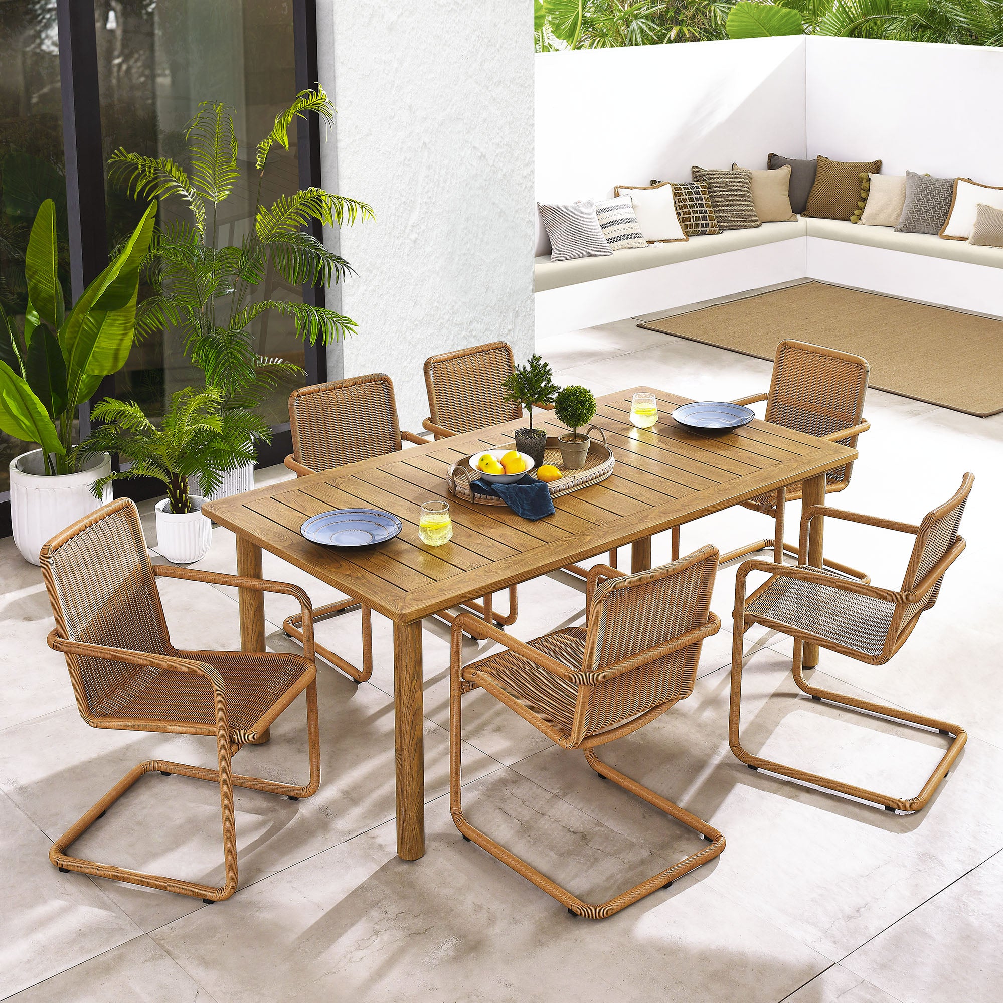 Abacus 7-Piece Rectangular Outdoor Patio Aluminum Dining Table Set with Rattan Armchairs by Modway - East Shore Modern Home Furnishings