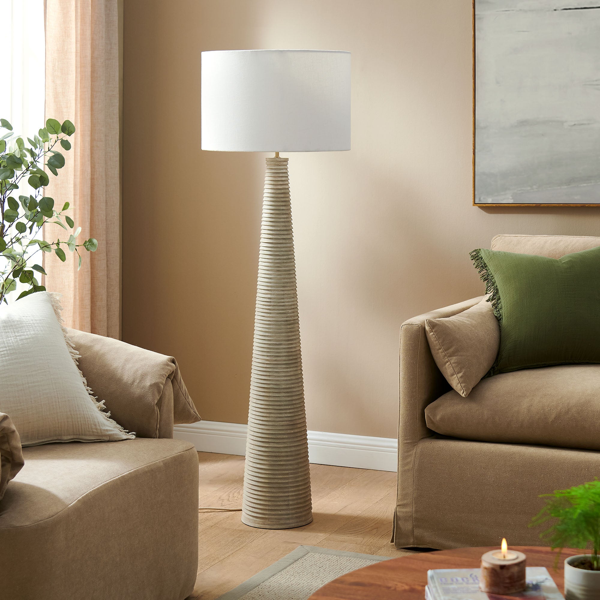 Saylor Carved Ribbed Wood Floor Lamp With Drum Shade by Modway - East Shore Modern Home Furnishings