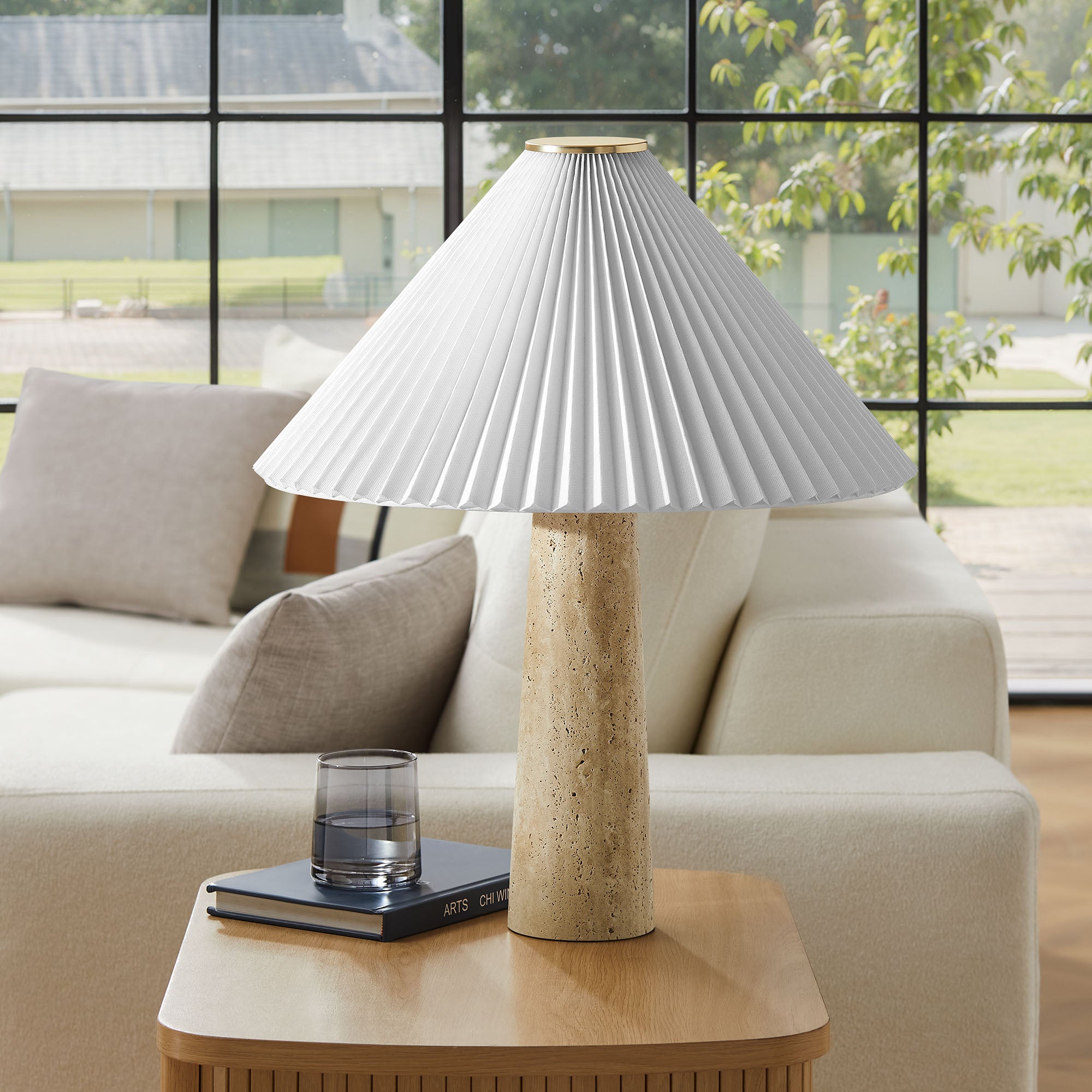 Cove Travertine Table Lamp With Pleated Shade by Modway
