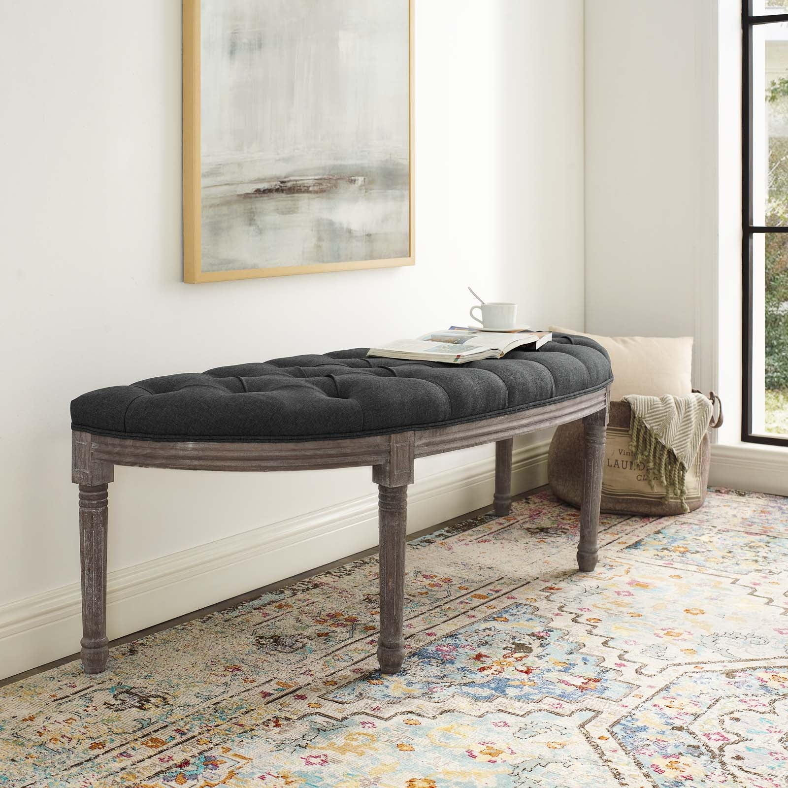 Esteem Vintage French Upholstered Fabric Semi-Circle Bench - East Shore Modern Home Furnishings