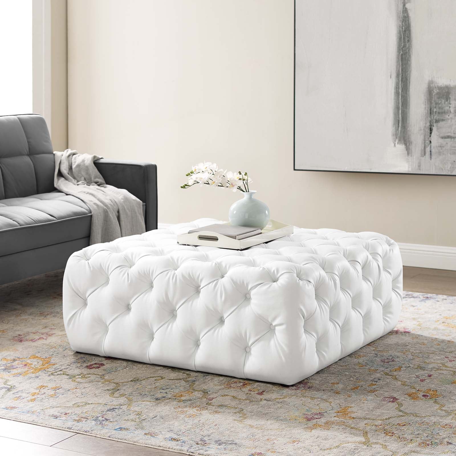 Amour Tufted Button Large Square Faux Leather Ottoman - East Shore Modern Home Furnishings