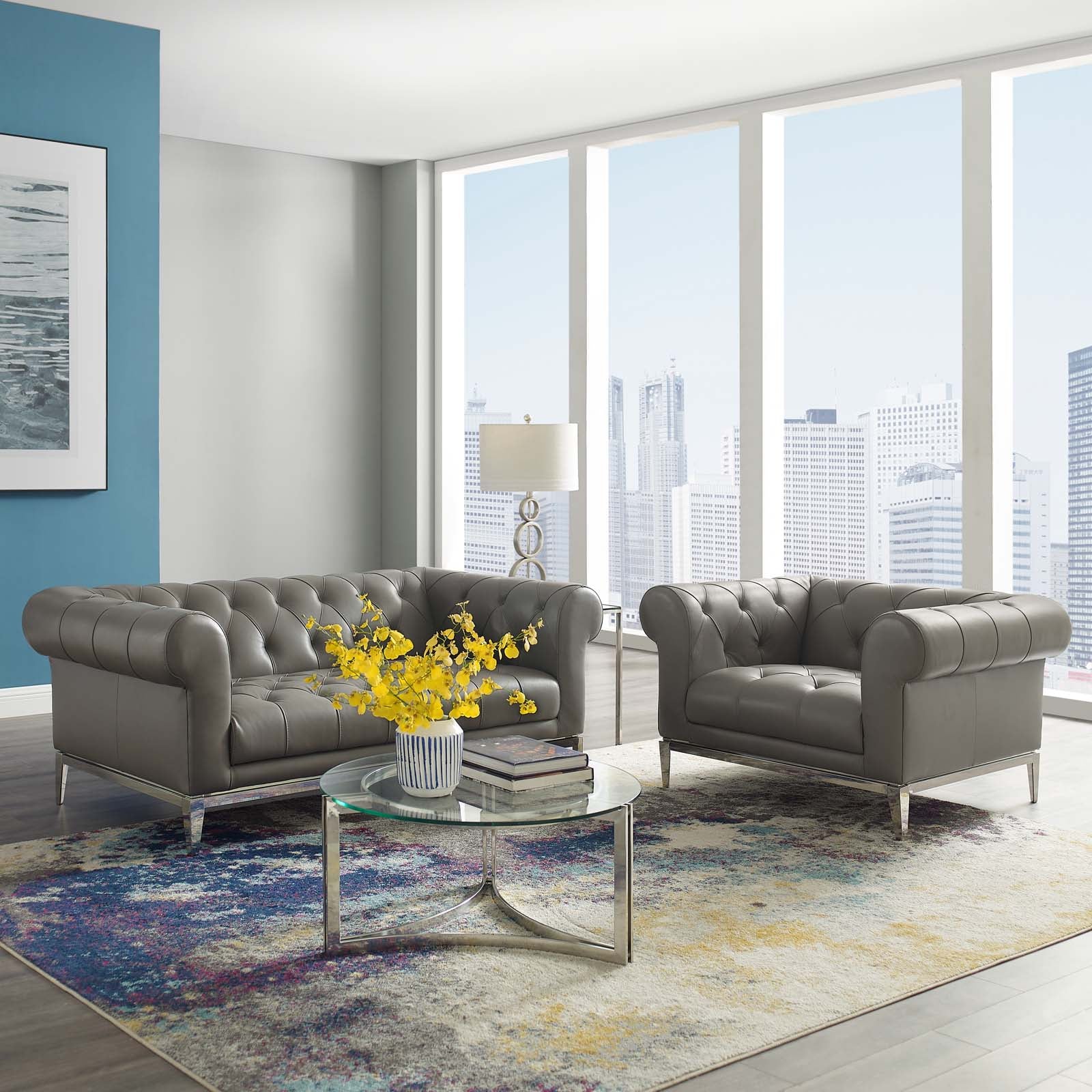 Idyll Tufted Upholstered Leather Loveseat and Armchair - East Shore Modern Home Furnishings