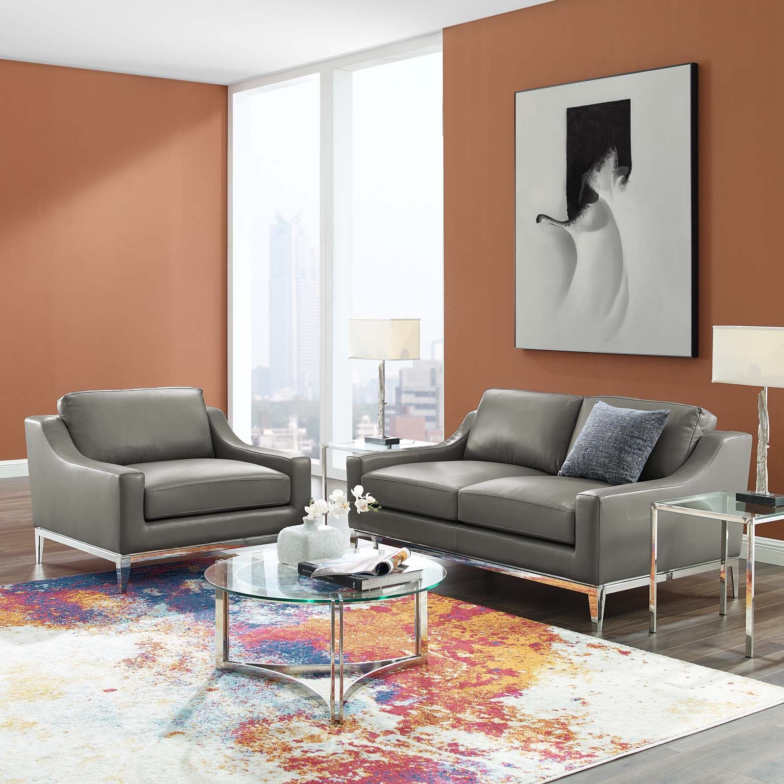Harness Stainless Steel Base Leather Loveseat & Armchair Set - East Shore Modern Home Furnishings