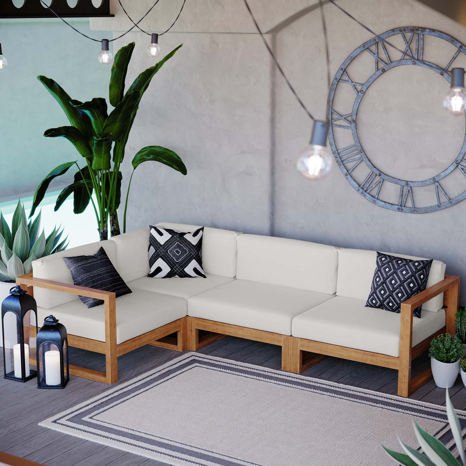 Upland Outdoor Patio Teak Wood 4-Piece Sectional Sofa Set - East Shore Modern Home Furnishings