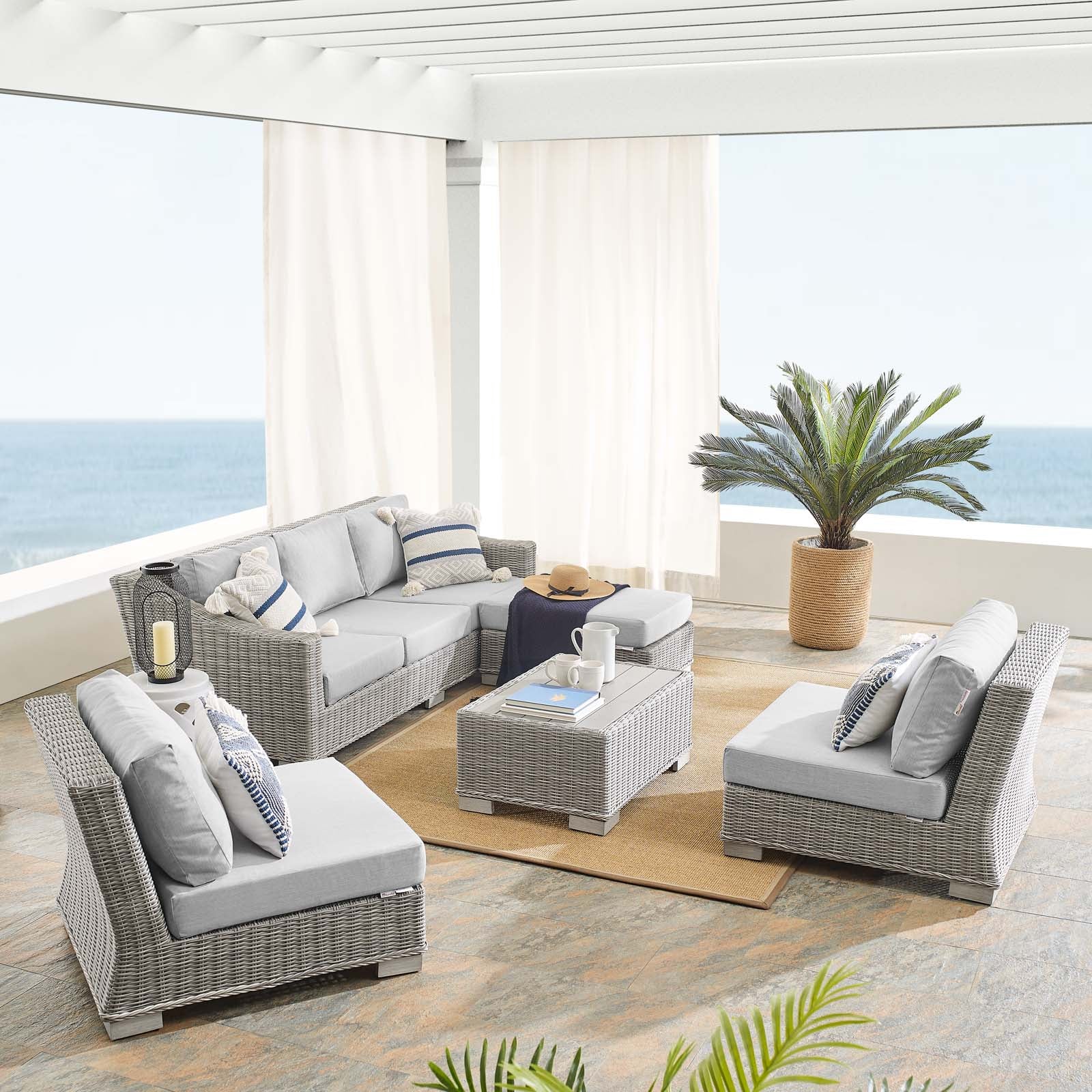 Conway Sunbrella® Outdoor Patio Wicker Rattan 5-Piece Furniture Set - East Shore Modern Home Furnishings