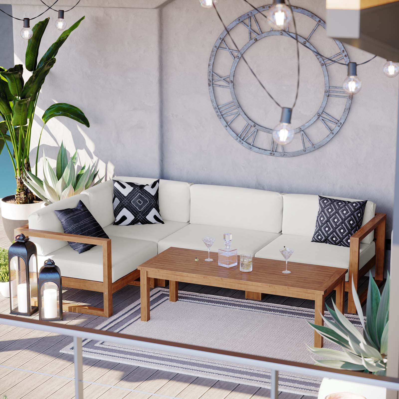 Upland Outdoor Patio Teak Wood 5-Piece Sectional Sofa Set - East Shore Modern Home Furnishings