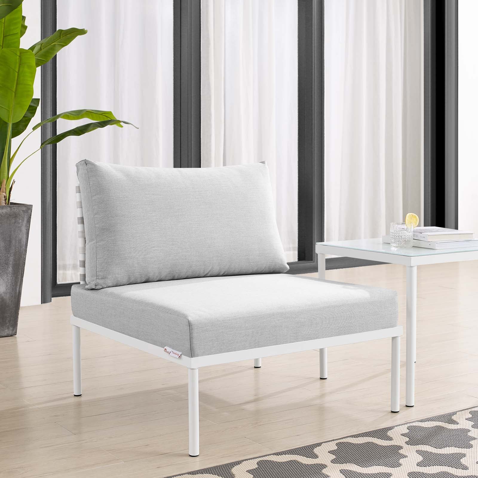 Harmony Sunbrella® Basket Weave Outdoor Patio Aluminum Armless Chair - East Shore Modern Home Furnishings