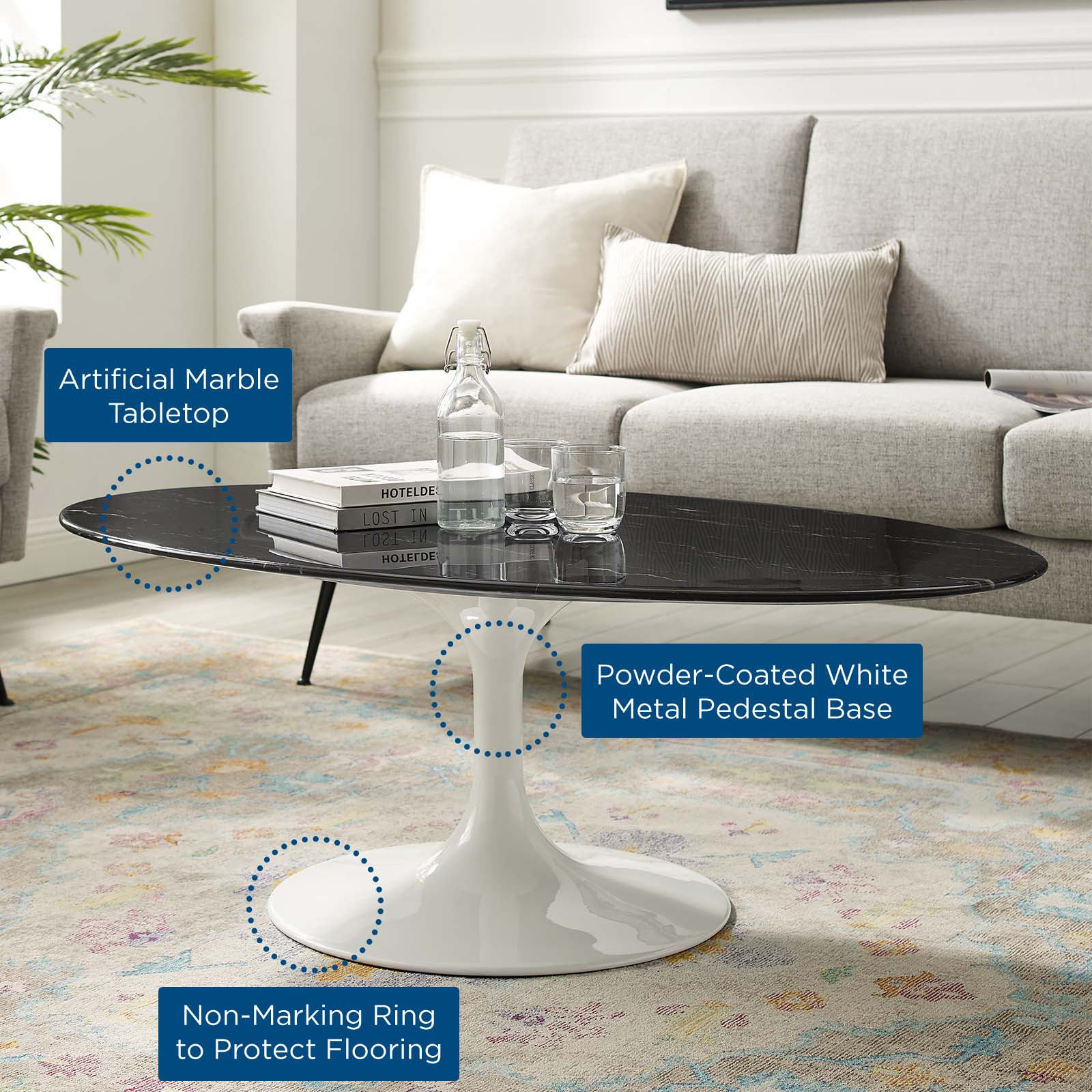Lippa 48" Oval Artificial Marble Coffee Table - East Shore Modern Home Furnishings