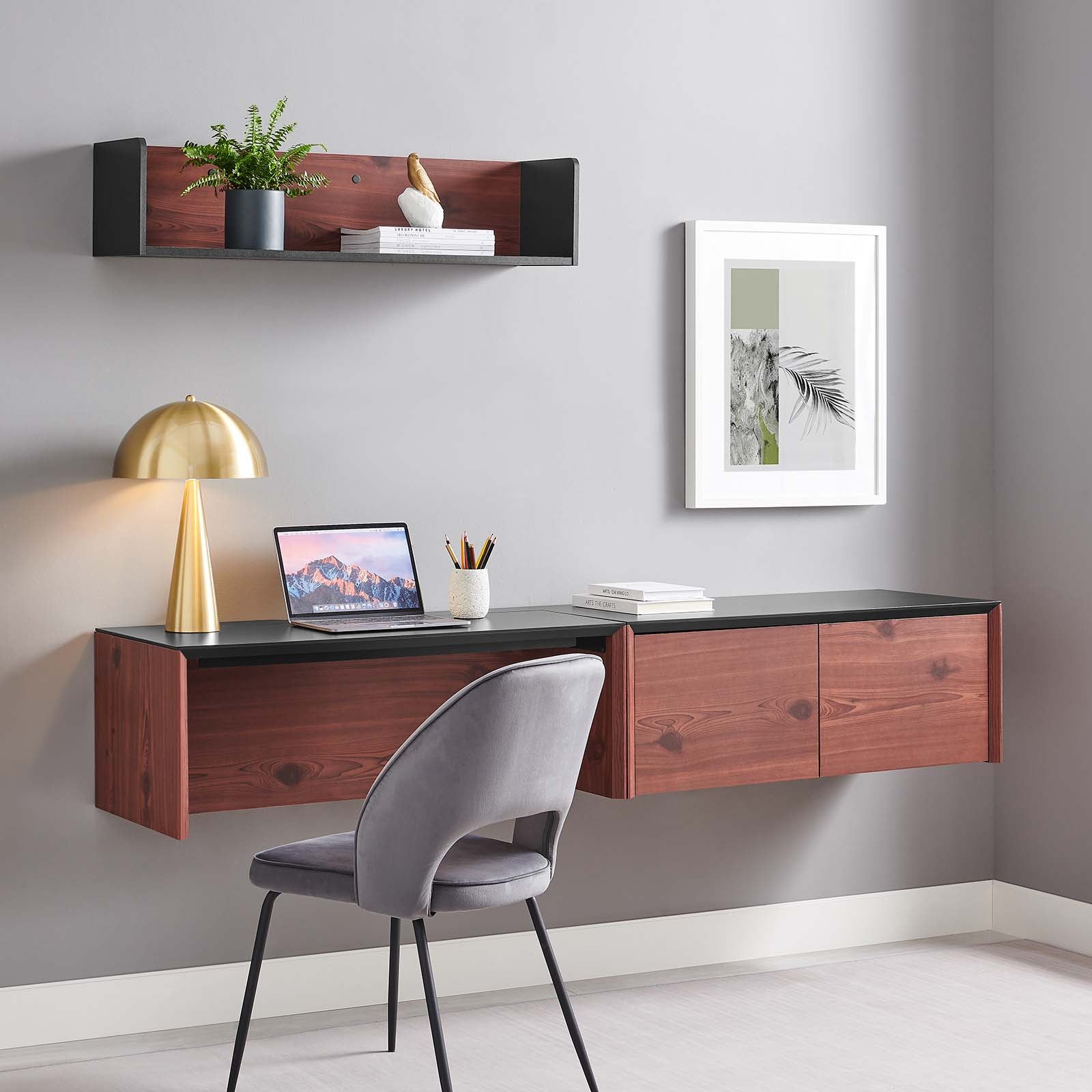 Kinetic 38" Wall-Mount Office Desk With Cabinet and Shelf - East Shore Modern Home Furnishings