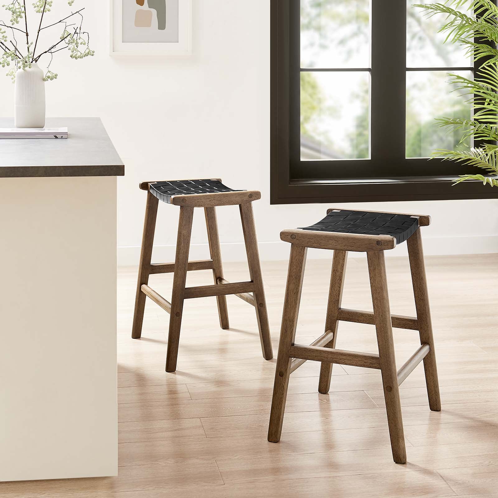 Saorise Woven Leather Wood Counter Stool - Set of 2 - East Shore Modern Home Furnishings
