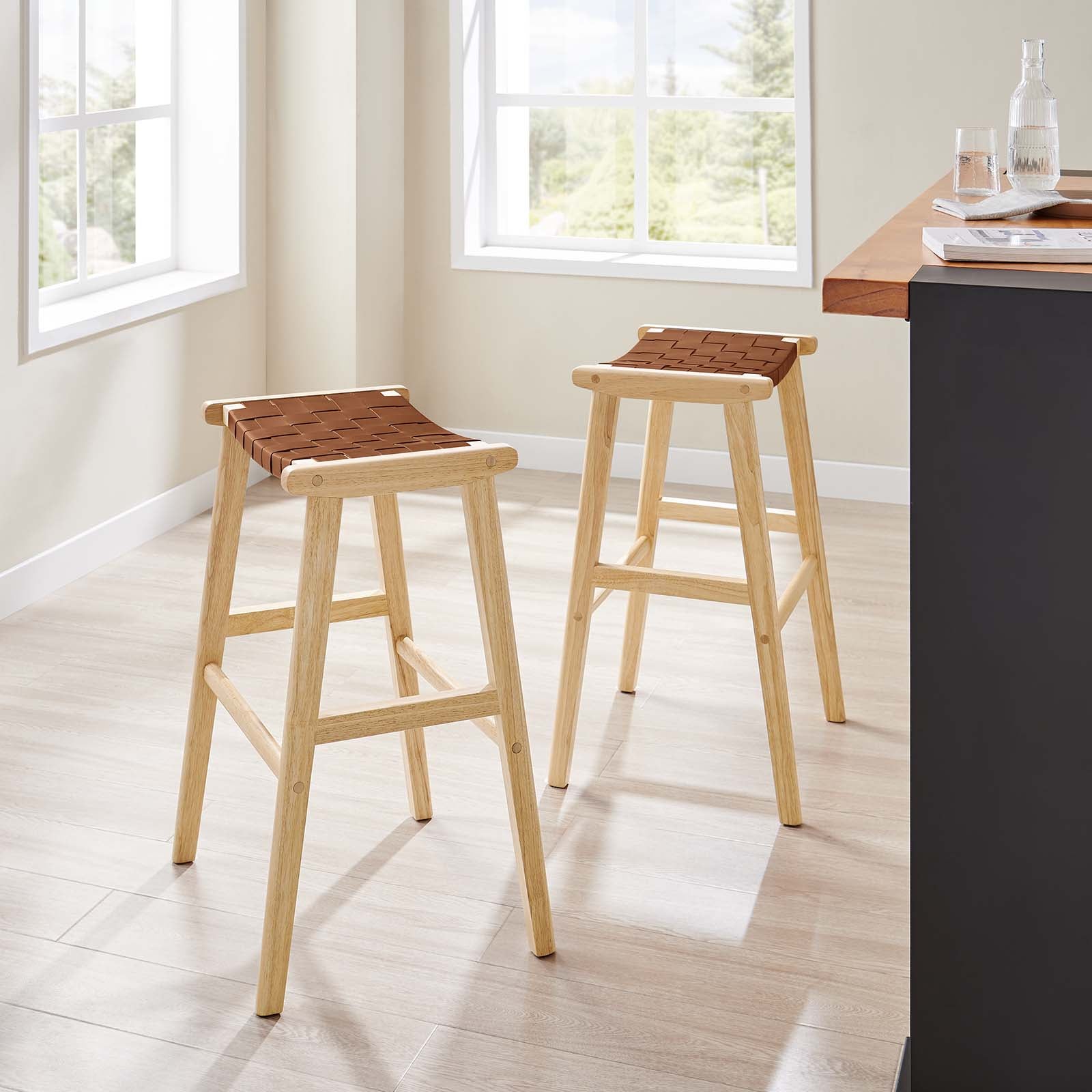 Saoirse Woven Leather Wood Bar Stool - Set of 2 - East Shore Modern Home Furnishings