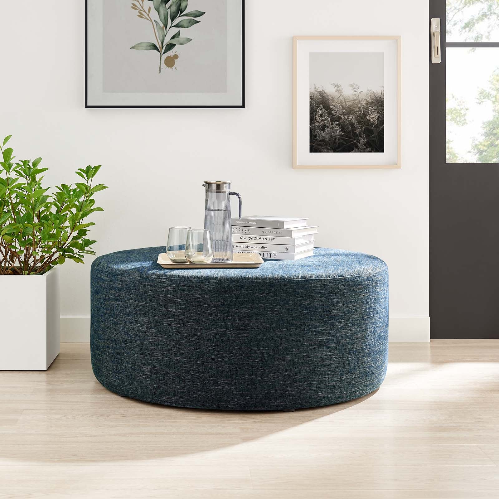 Callum Large 38" Round Woven Heathered Fabric Upholstered Ottoman - East Shore Modern Home Furnishings