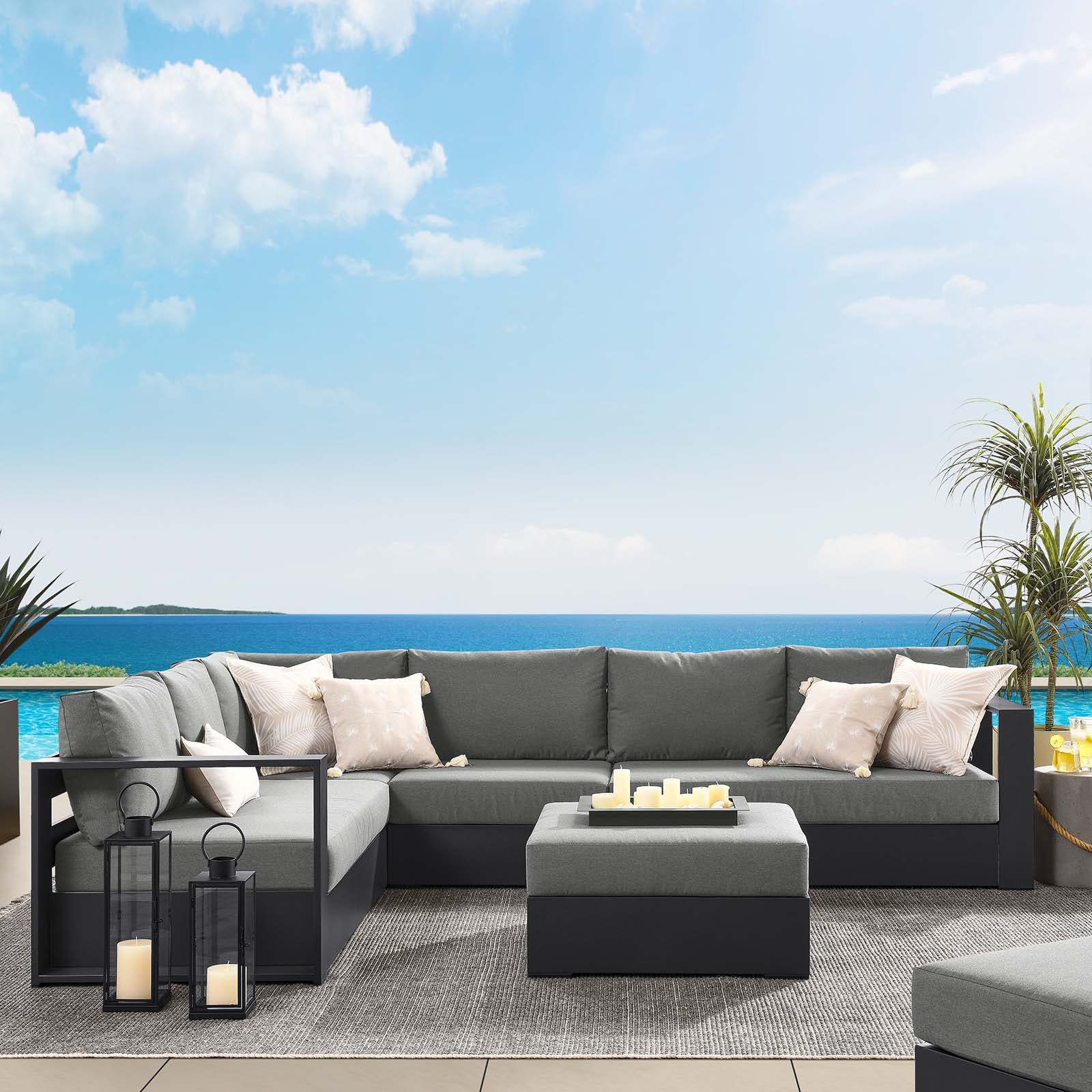 Tahoe Outdoor Patio Powder-Coated Aluminum 5-Piece Sectional Sofa Set - East Shore Modern Home Furnishings