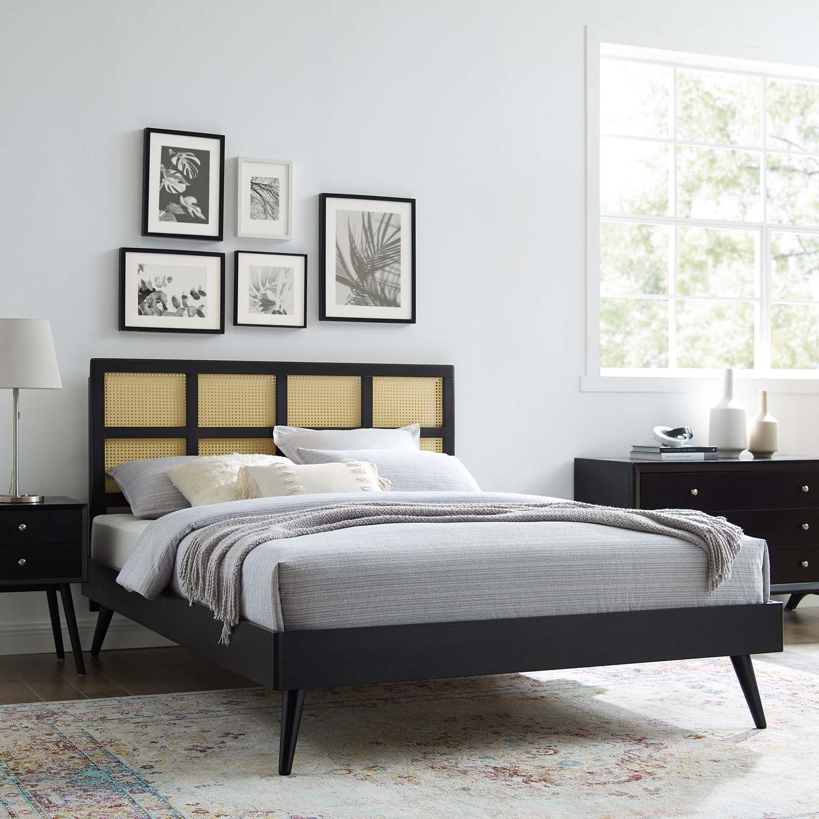 Sidney Cane and Wood Full Platform Bed With Splayed Legs - East Shore Modern Home Furnishings