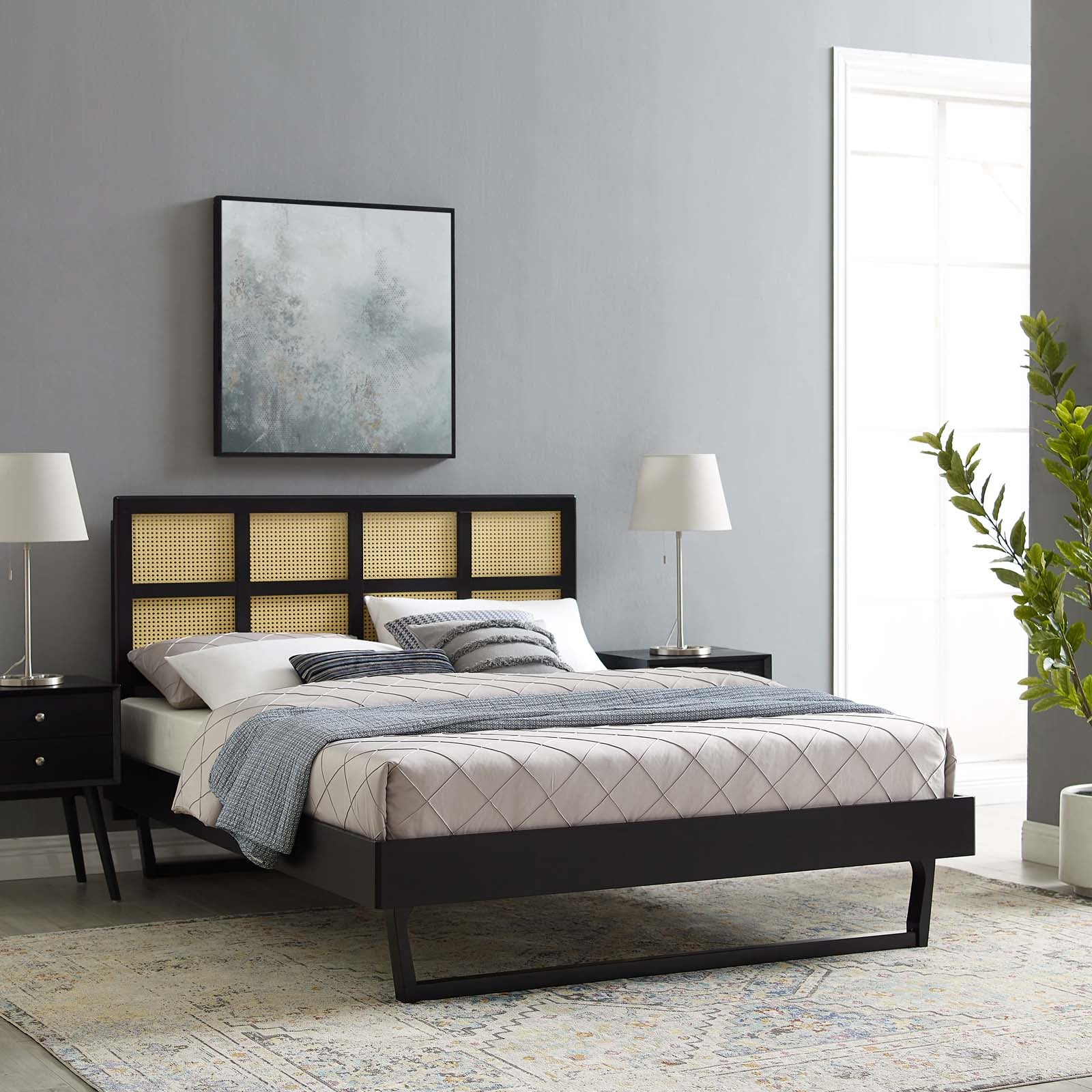 Sidney Cane and Wood King Platform Bed With Angular Legs - East Shore Modern Home Furnishings