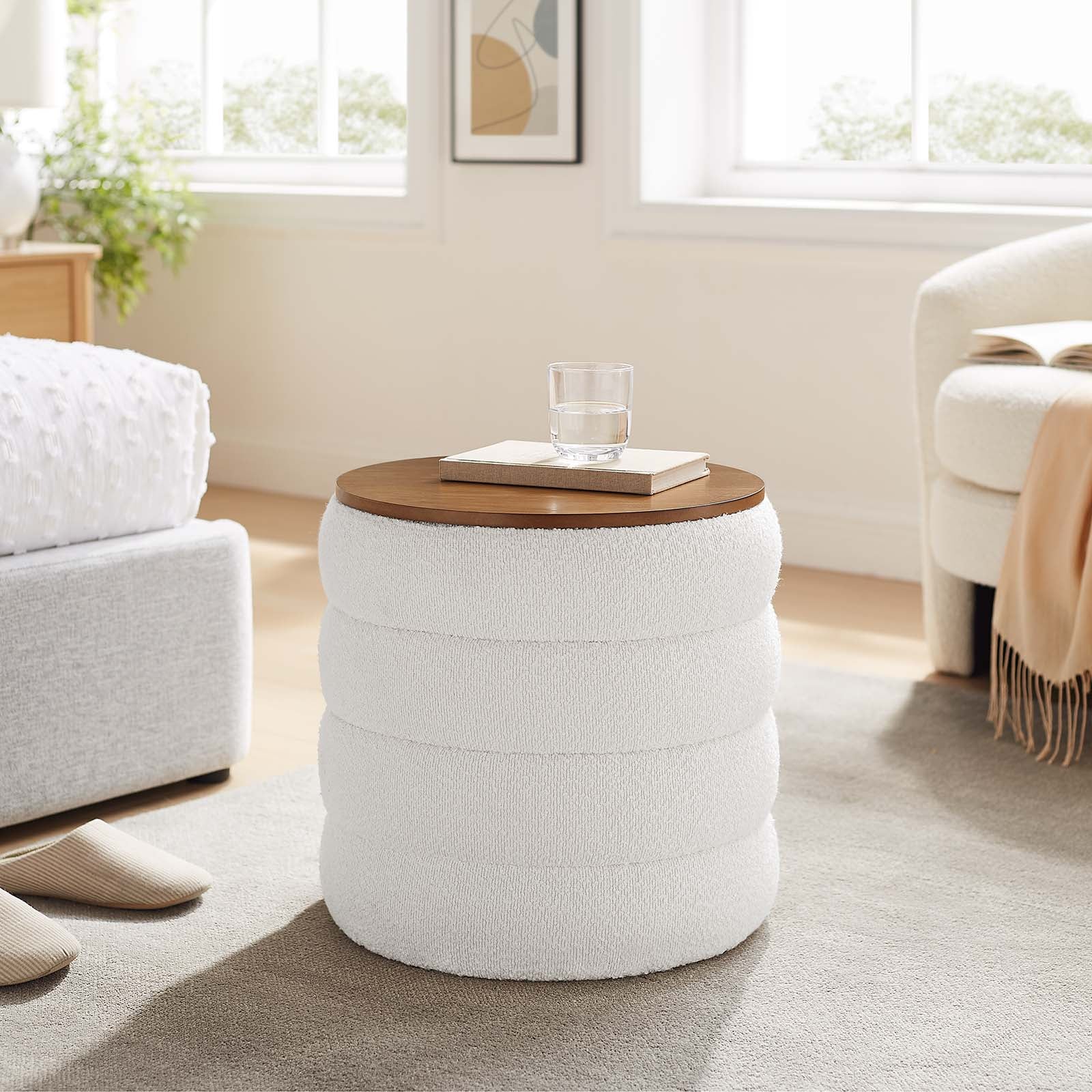 Mezzo Round Boucle Fabric Storage Ottoman - East Shore Modern Home Furnishings