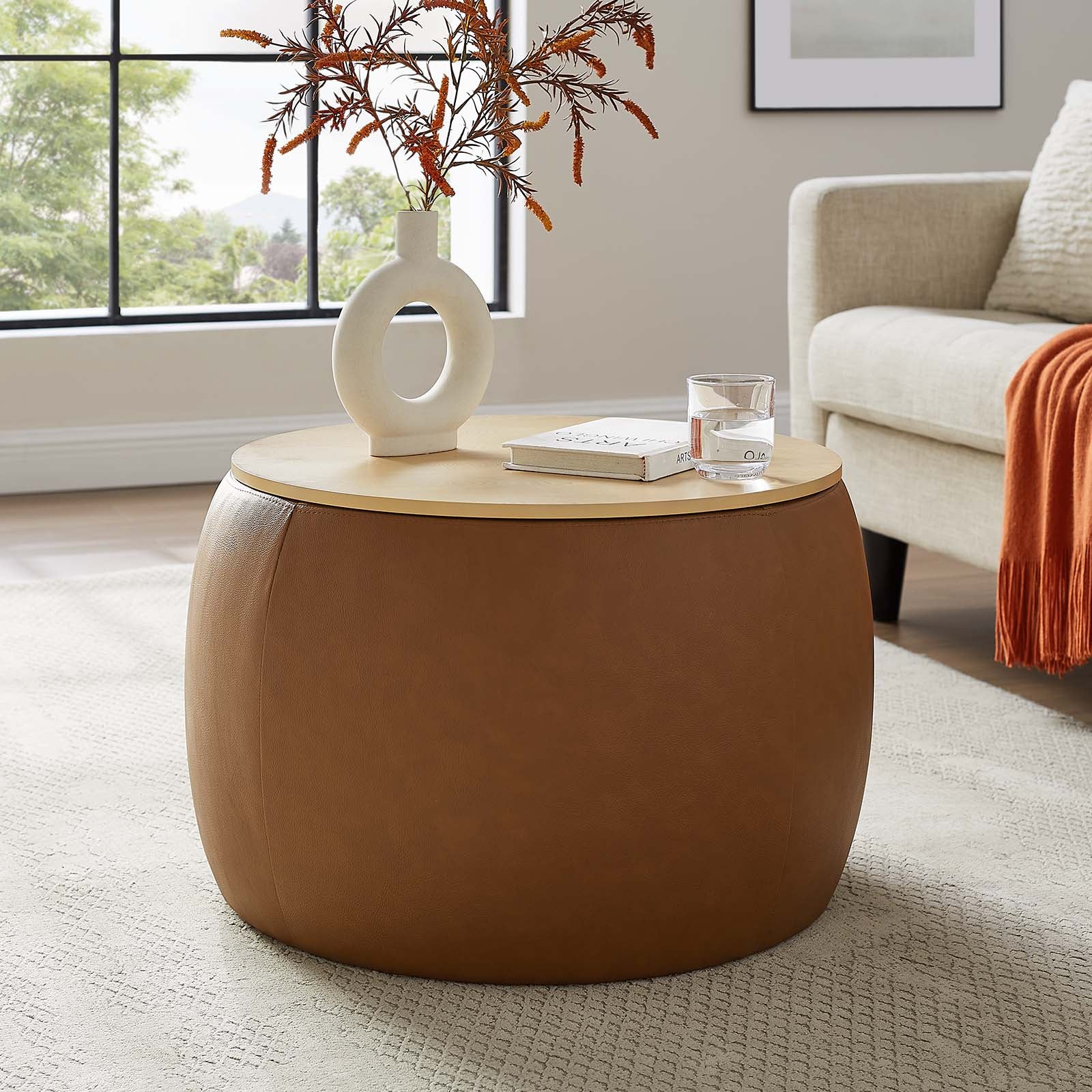 Perla Round Vegan Leather Storage Ottoman - East Shore Modern Home Furnishings