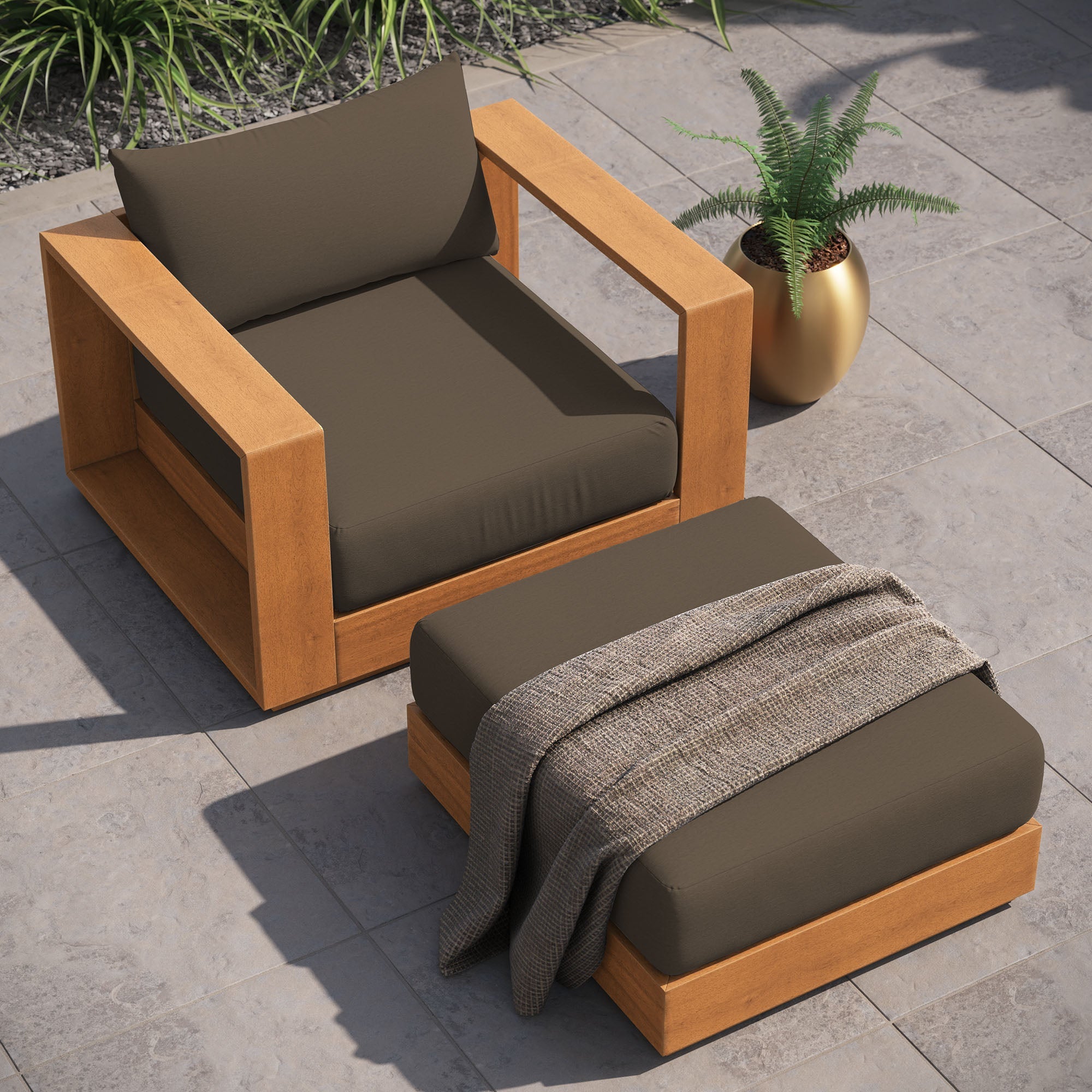 Tahoe Outdoor Patio Acacia Wood 2-Piece Armchair and Ottoman Set - East Shore Modern Home Furnishings