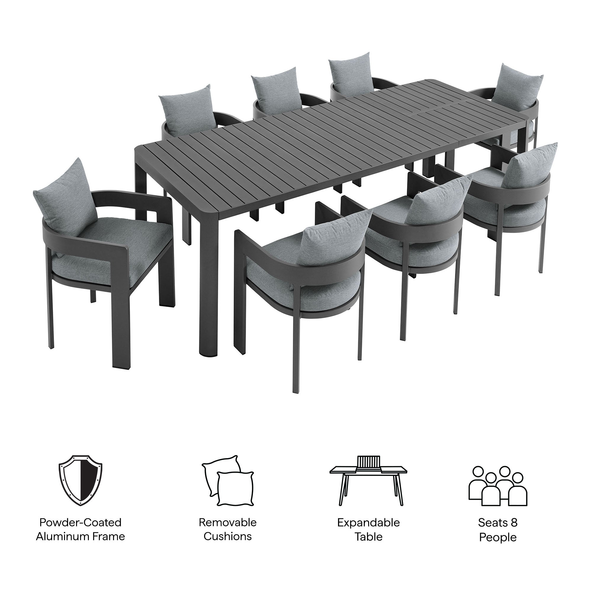 Tahoe 9-Piece Outdoor Patio Aluminum Dining Set With Extendable Table by Modway - East Shore Modern Home Furnishings