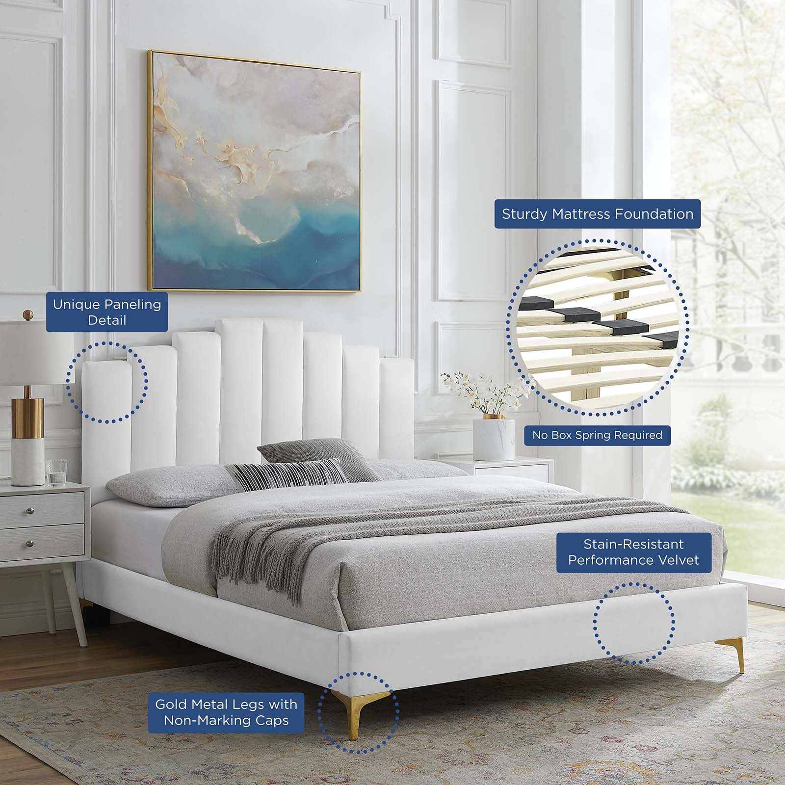 Elise Queen Performance Velvet Platform Bed - East Shore Modern Home Furnishings