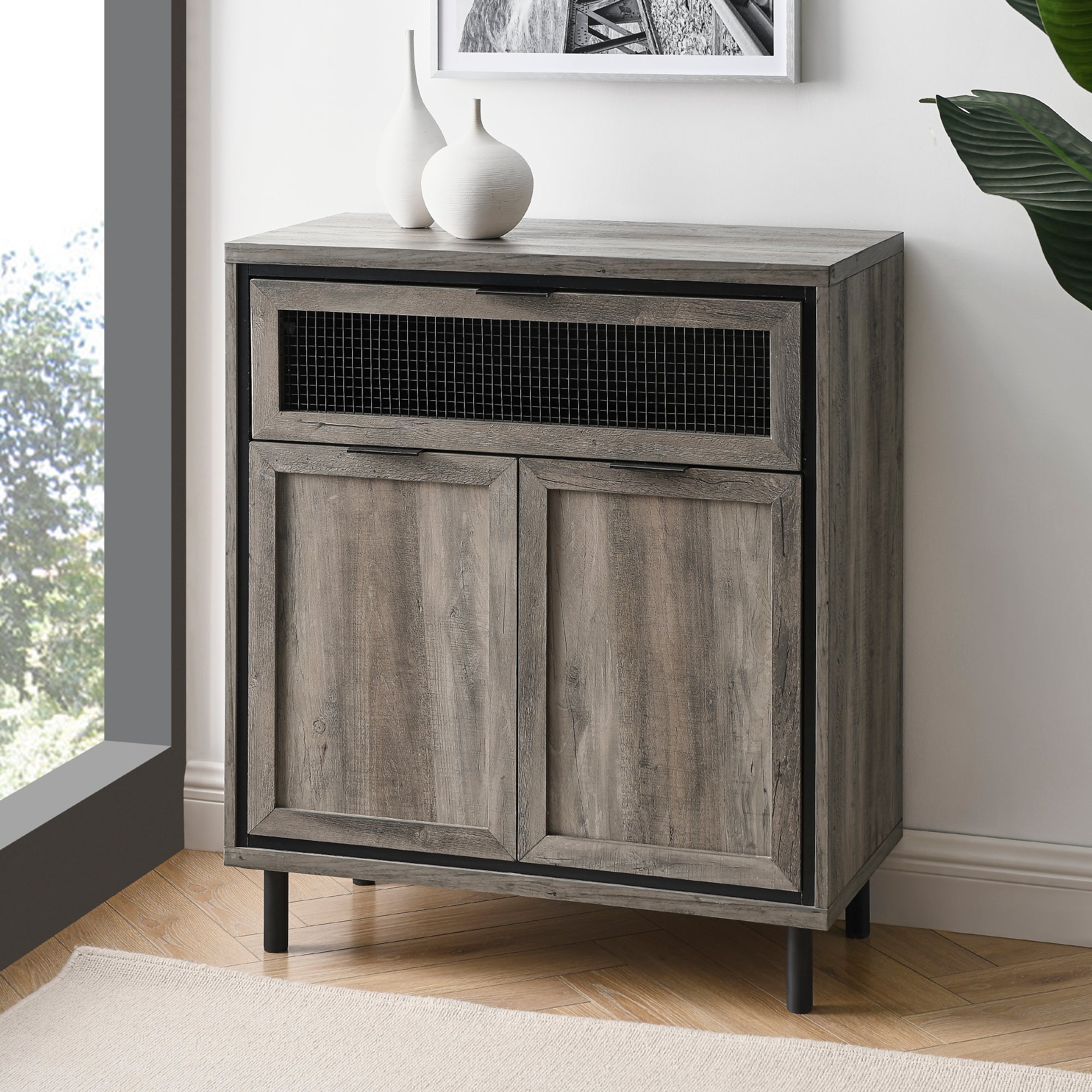 Jenson 30" Mesh Metal Drop Down Door Accent Cabinet - East Shore Modern Home Furnishings