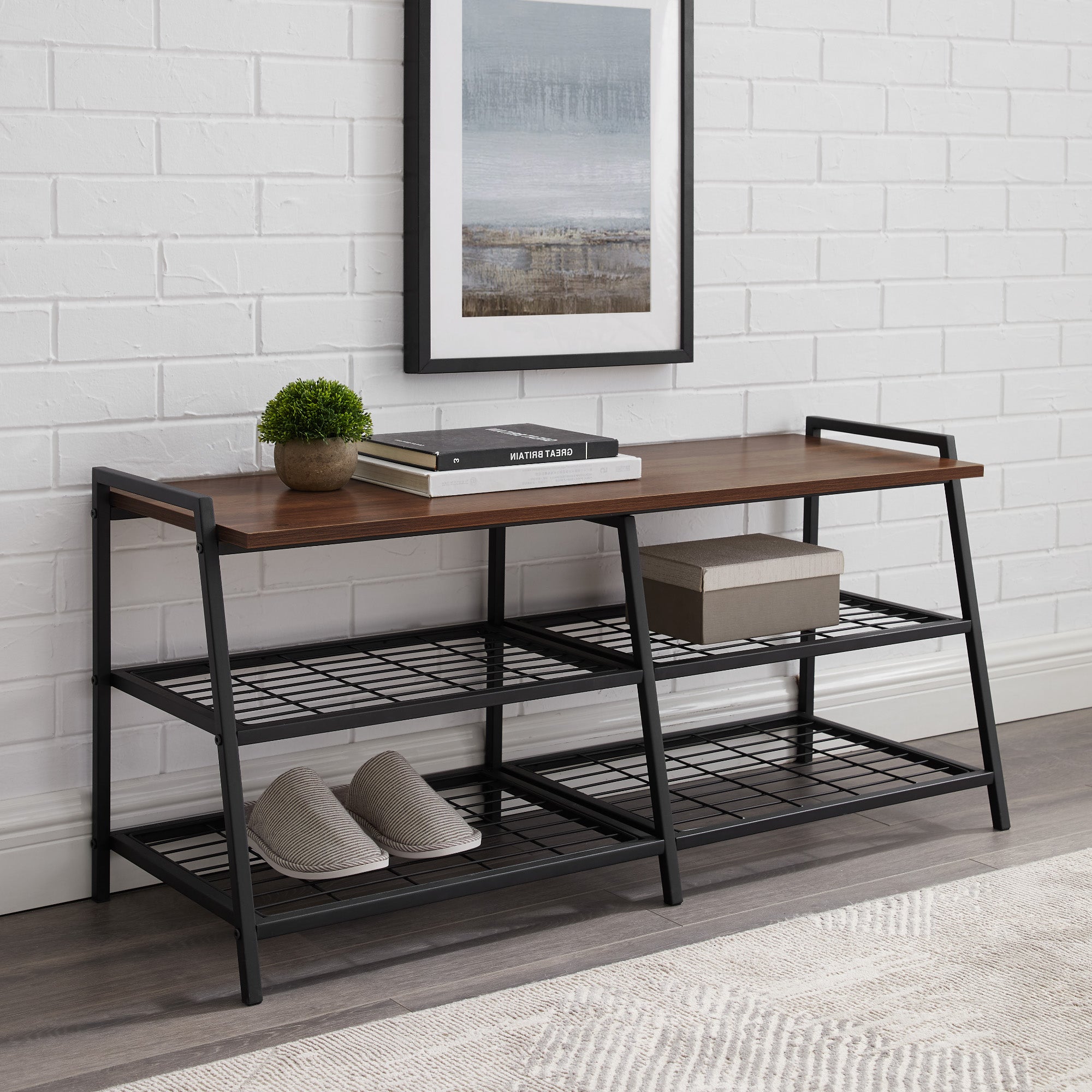 Arlo 42" Industrial Metal and Wood Entry Bench with Shoe Rack - East Shore Modern Home Furnishings