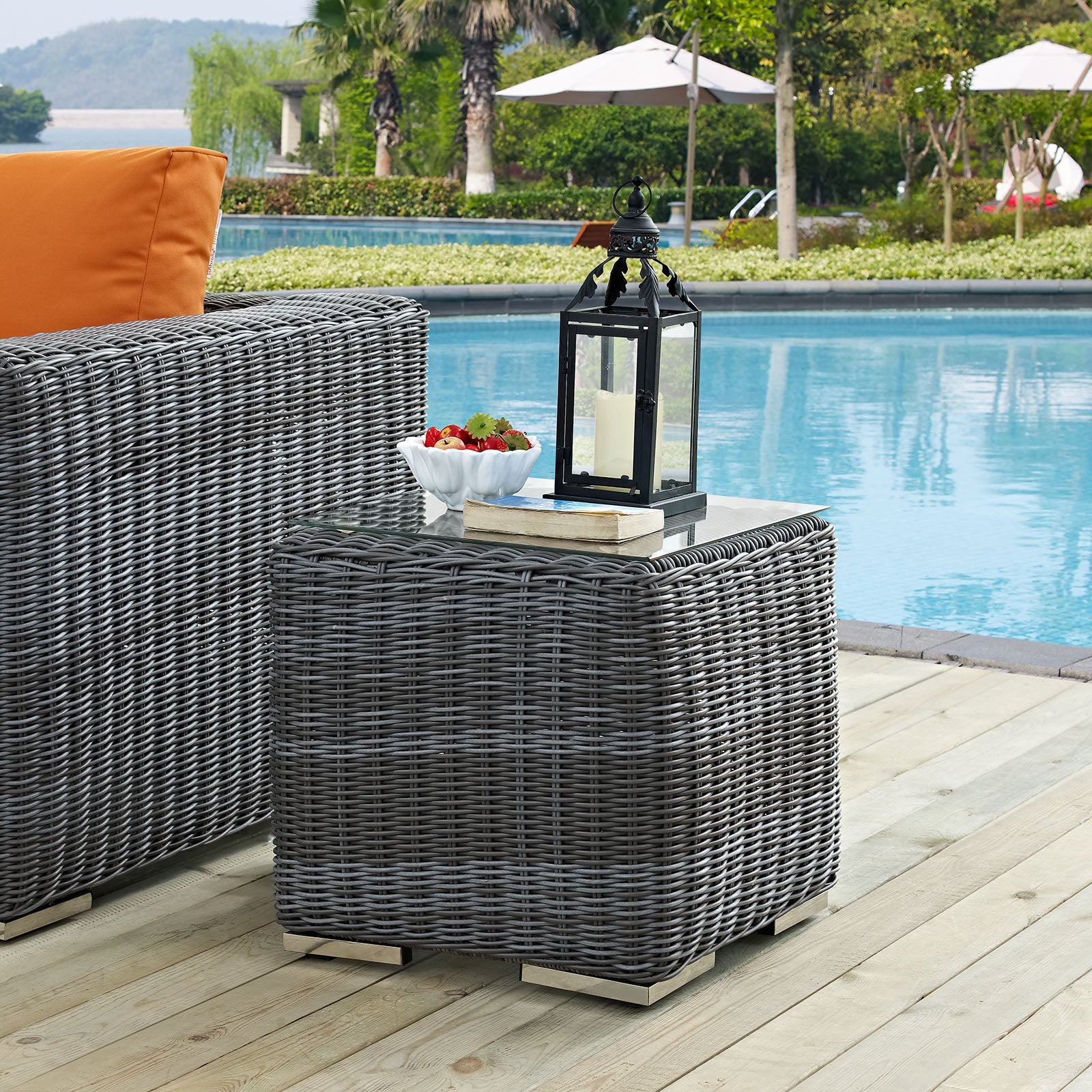 Summon Outdoor Patio Glass Top Side Table - East Shore Modern Home Furnishings