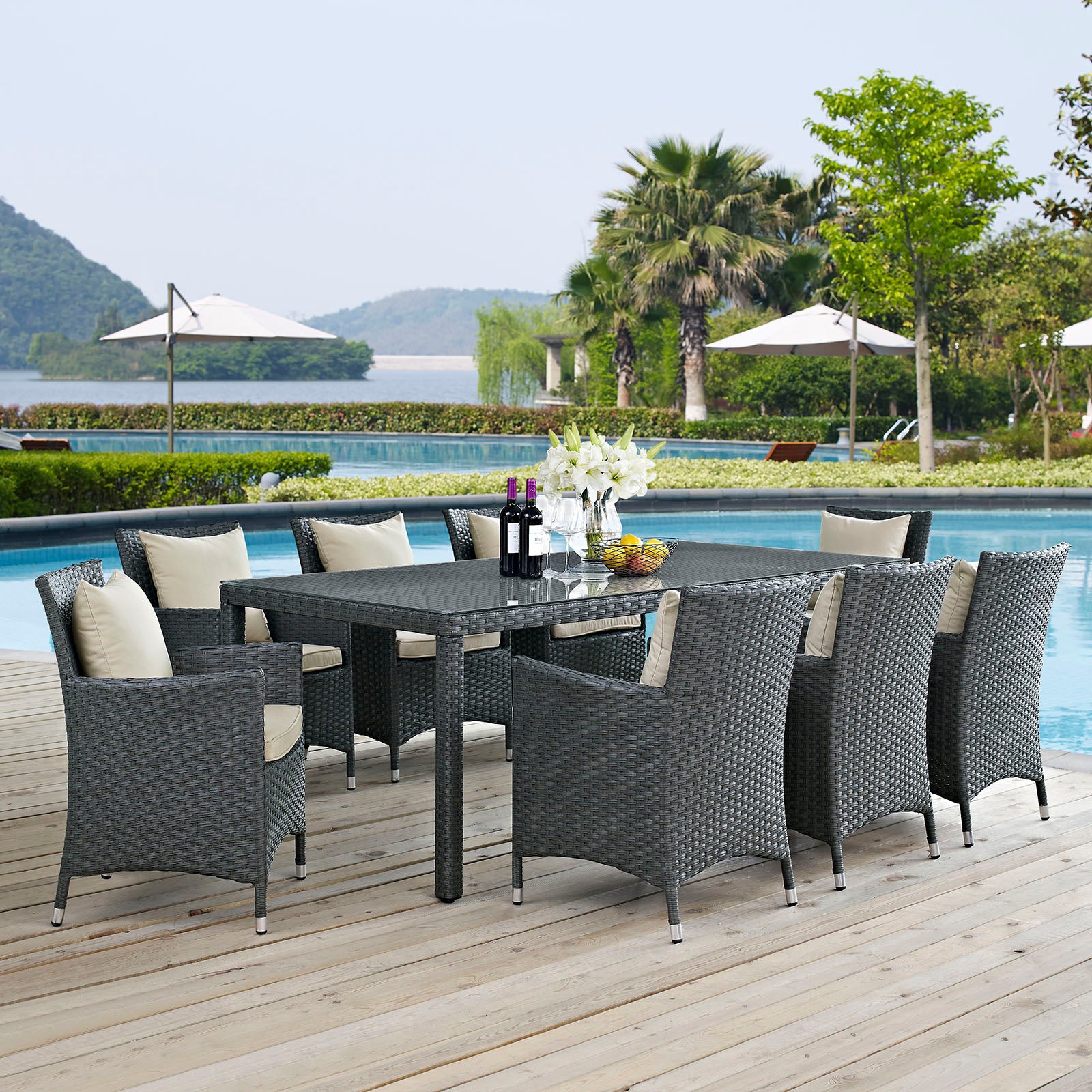 Sojourn 9 Piece Outdoor Patio Sunbrella® Dining Set - East Shore Modern Home Furnishings