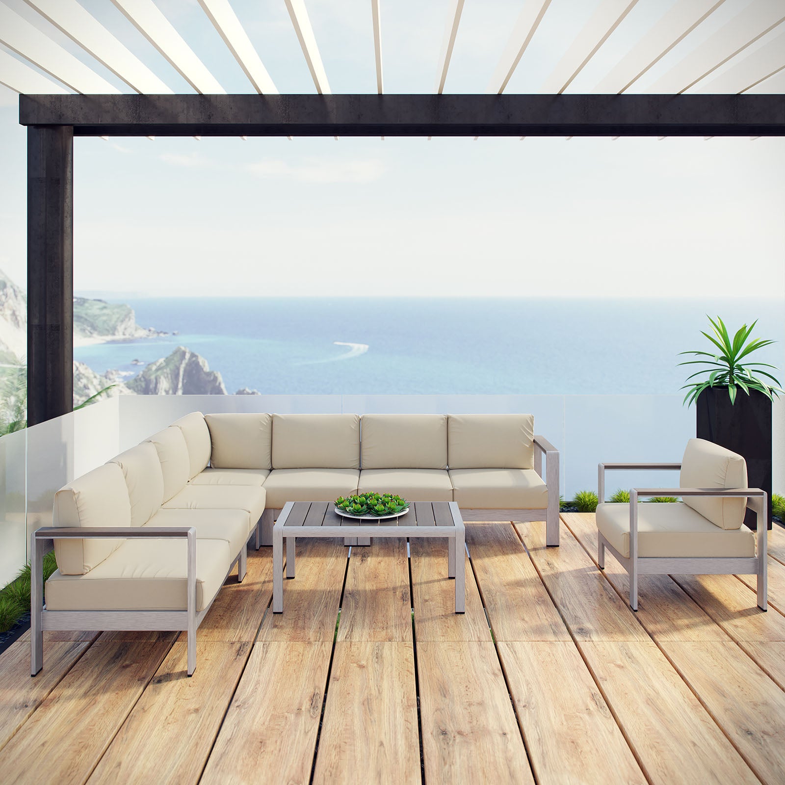 Shore 7 Piece Outdoor Patio Aluminum Sectional Sofa Set - East Shore Modern Home Furnishings