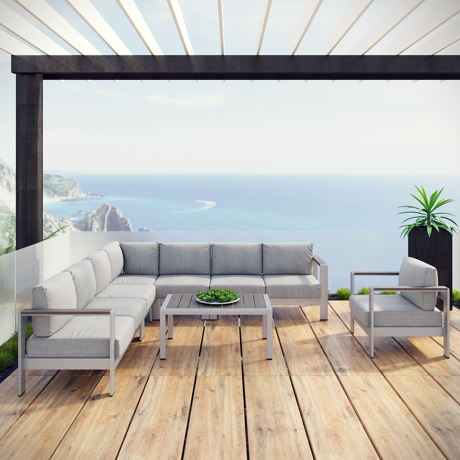 Shore 7 Piece Outdoor Patio Aluminum Sectional Sofa Set - East Shore Modern Home Furnishings