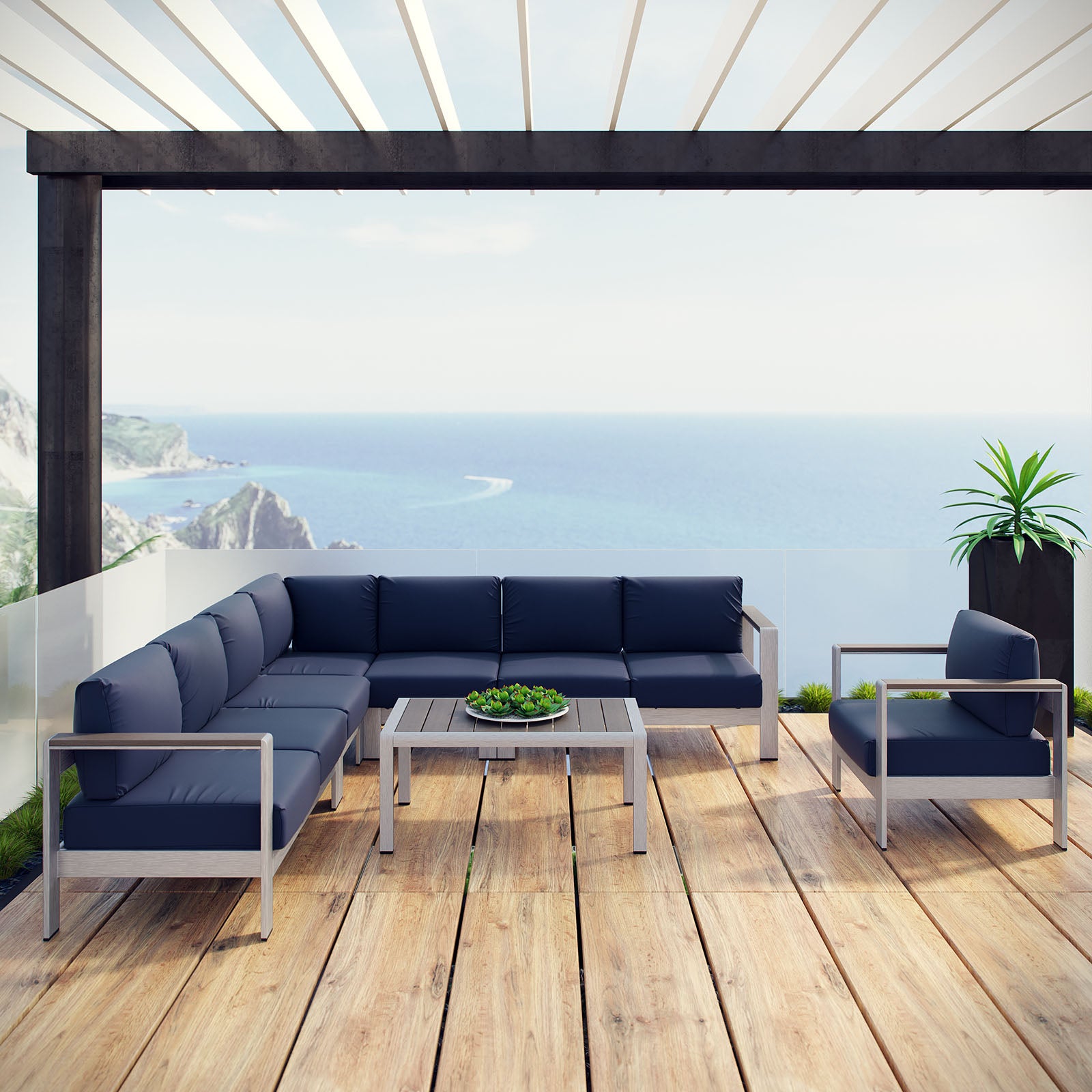 Shore 7 Piece Outdoor Patio Aluminum Sectional Sofa Set - East Shore Modern Home Furnishings