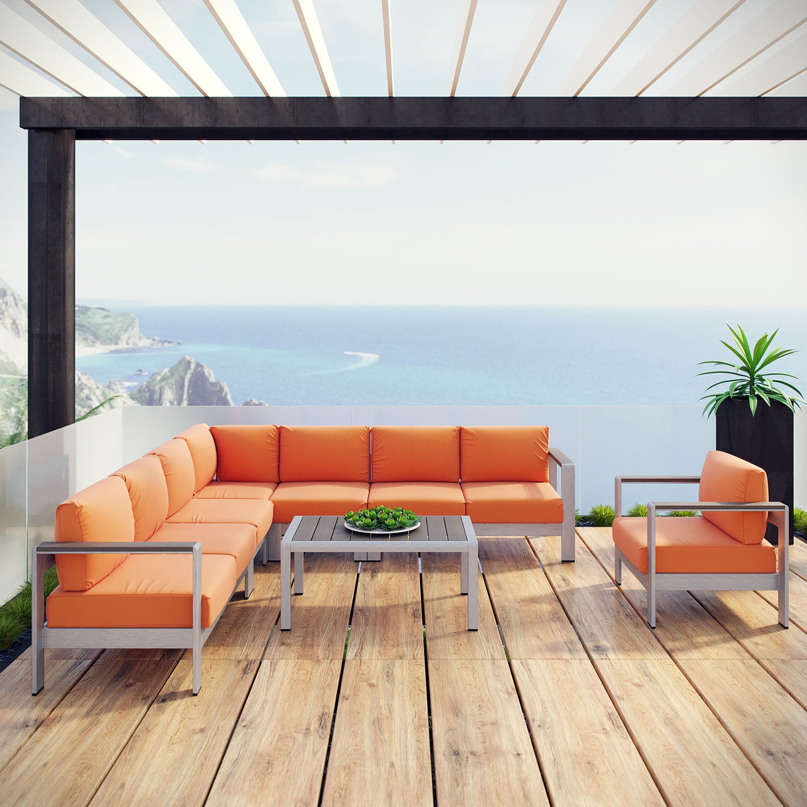 Shore 7 Piece Outdoor Patio Aluminum Sectional Sofa Set - East Shore Modern Home Furnishings