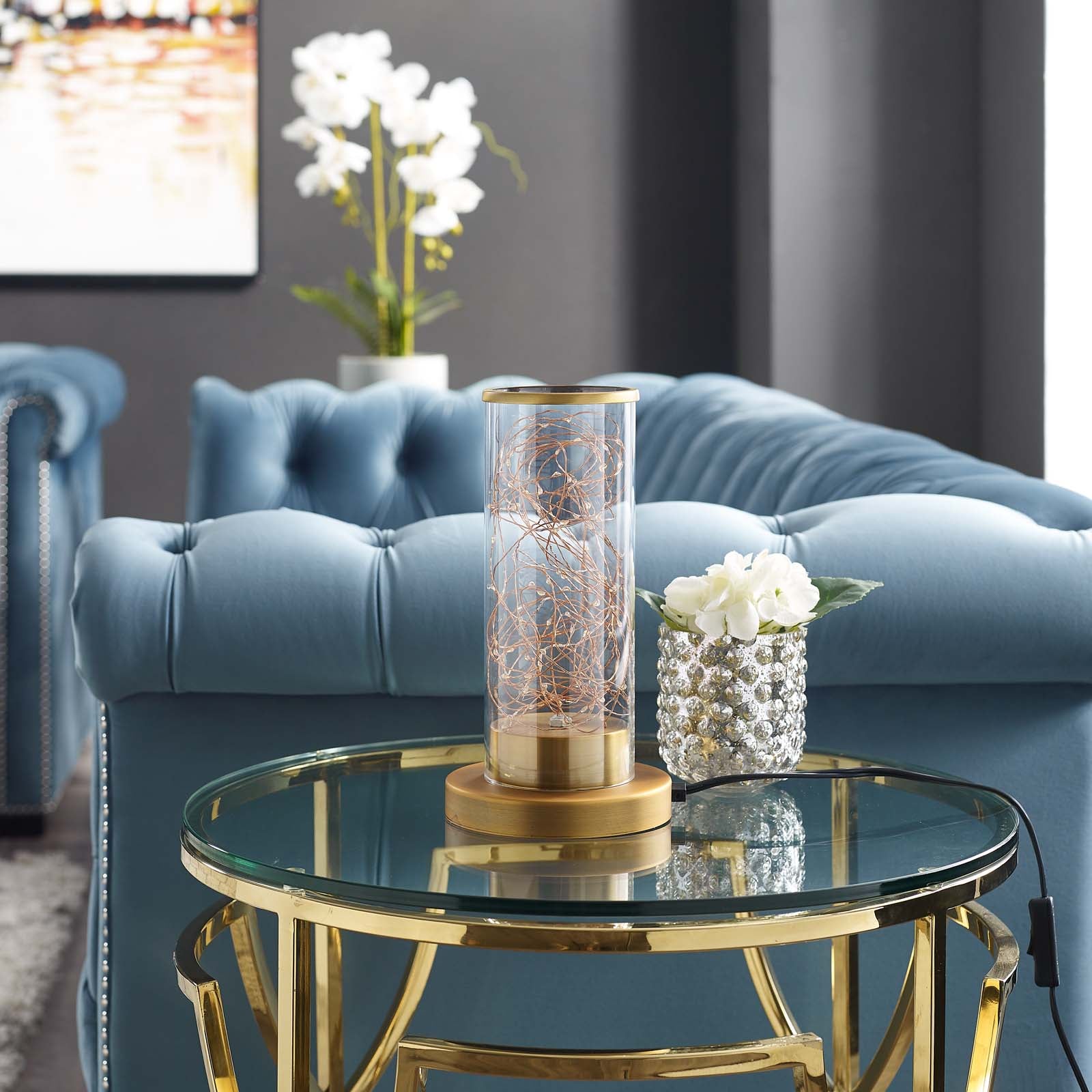 Adore Cylindrical-Shaped Clear Glass And Brass Table Lamp - East Shore Modern Home Furnishings