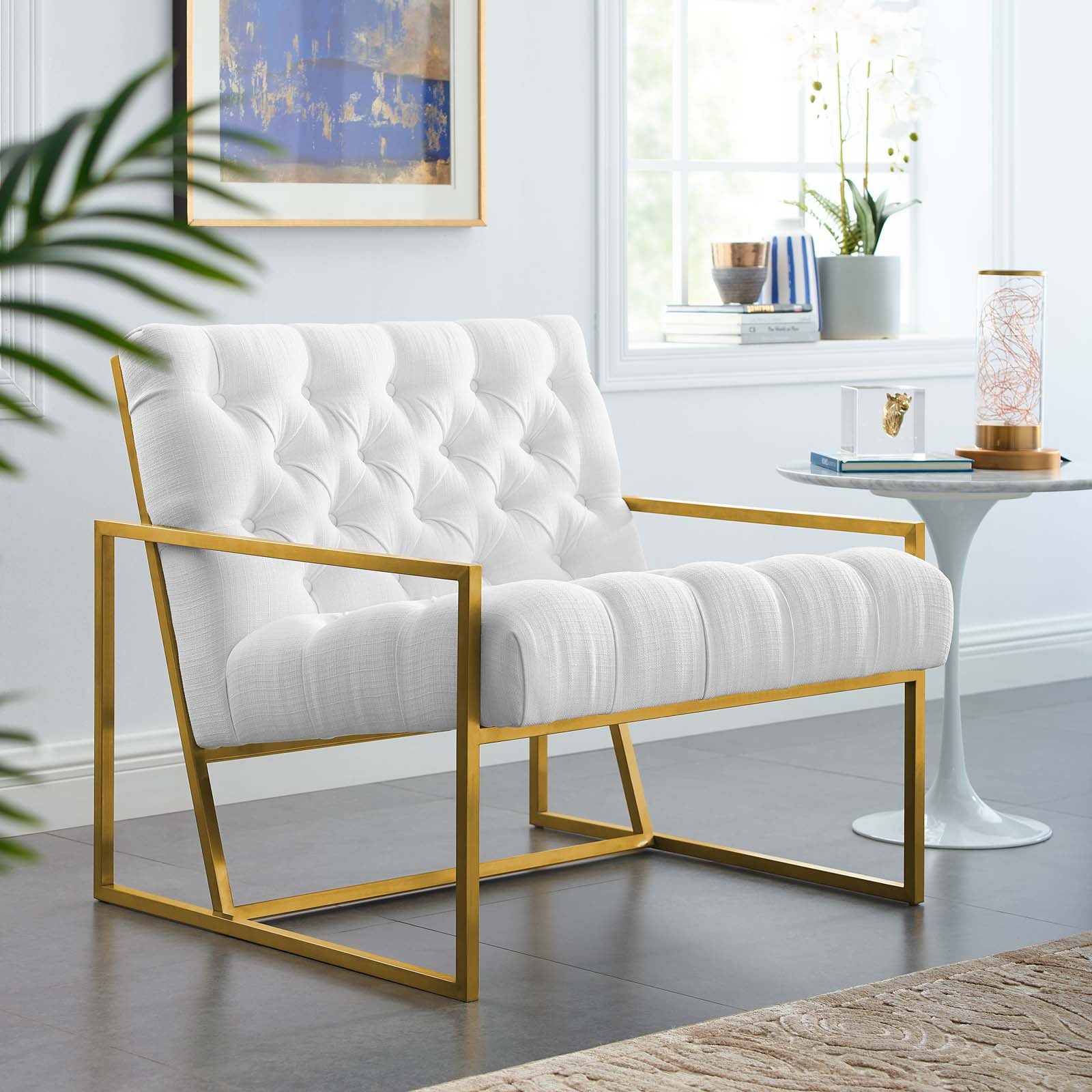 Bequest Gold Stainless Steel Upholstered Fabric Accent Chair - East Shore Modern Home Furnishings