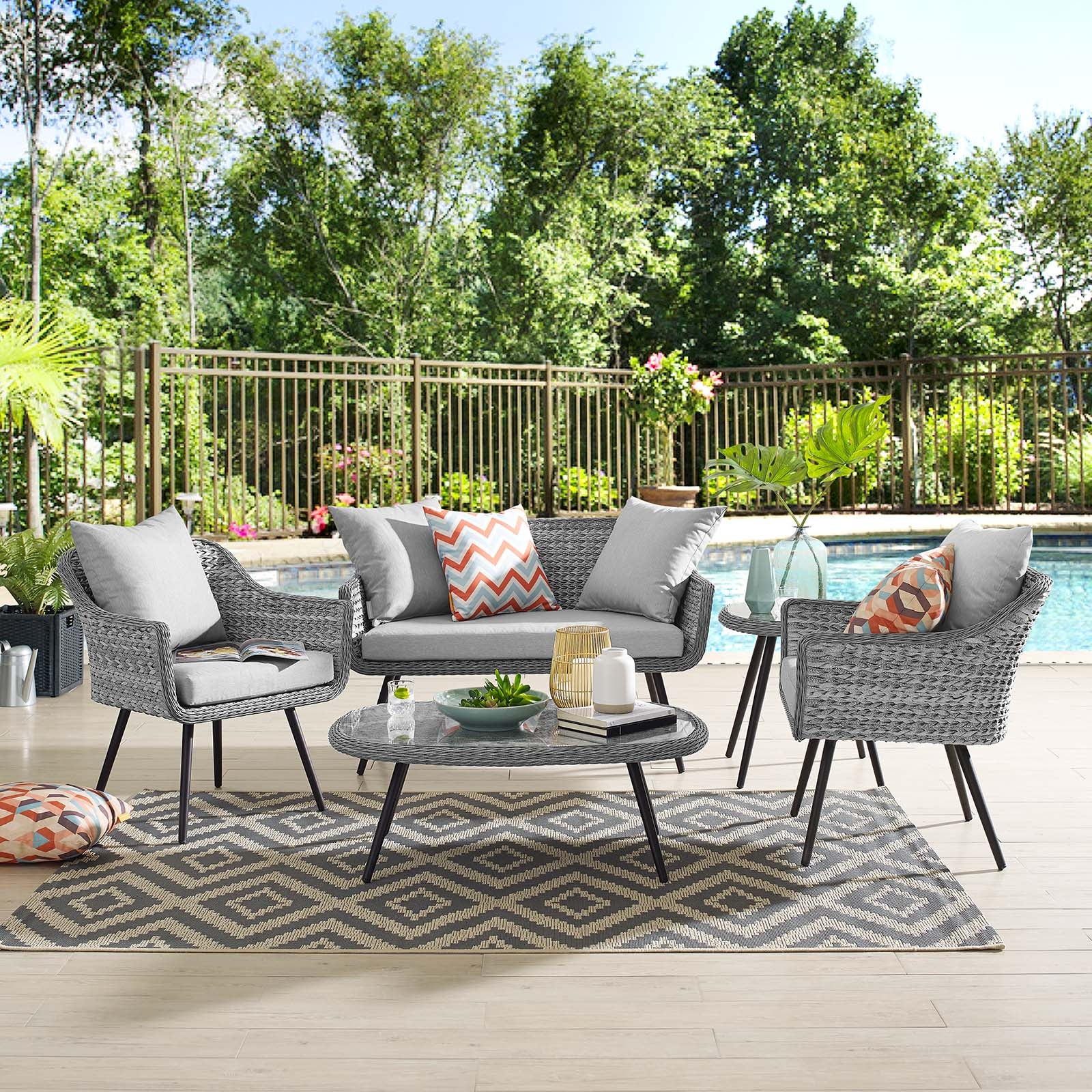 Endeavor 5 Piece Outdoor Patio Wicker Rattan Loveseat Armchair Coffee Table and Side Table Set - East Shore Modern Home Furnishings