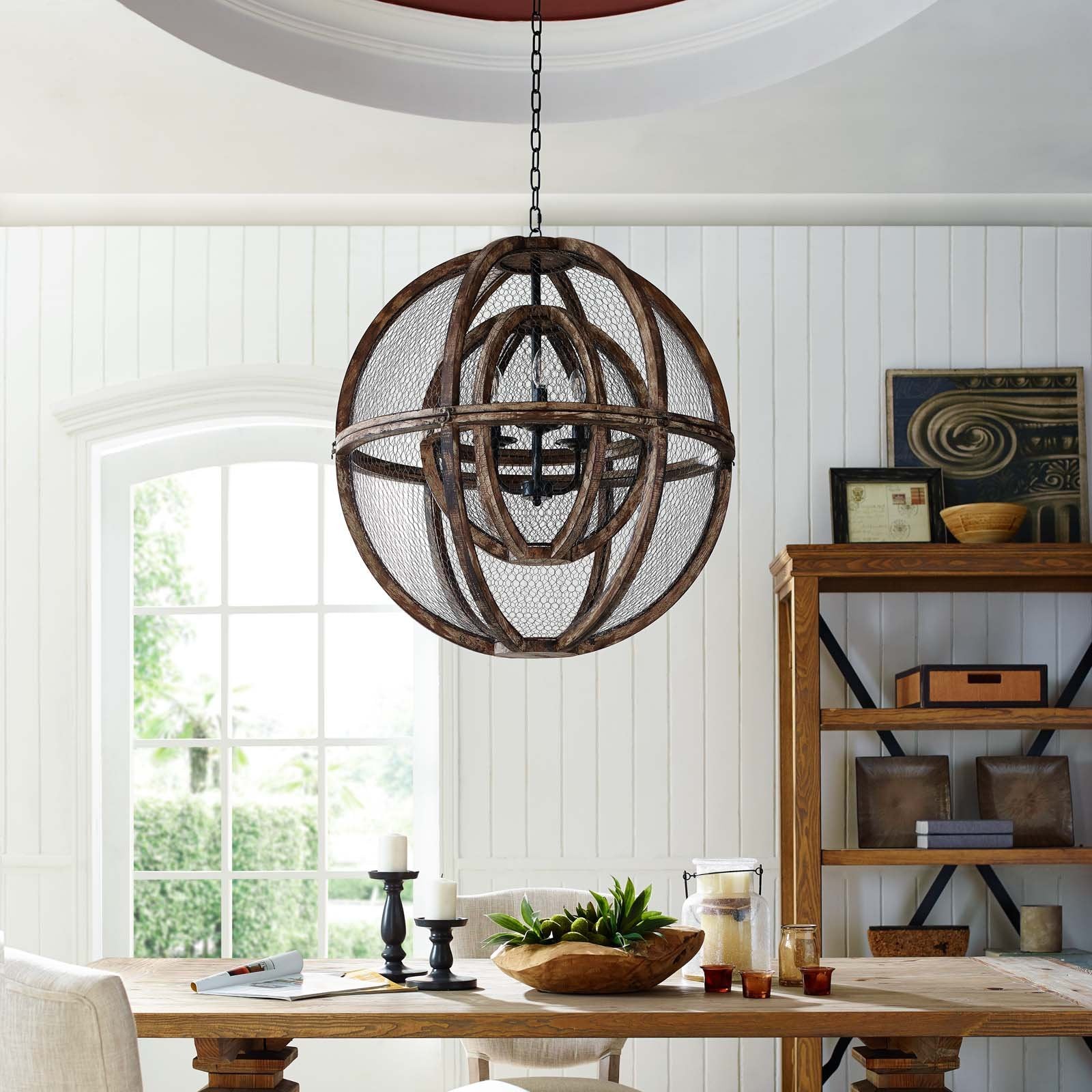 Gravitate Globe Rustic Oak Wood Pendant Light Chandelier - East Shore Modern Home Furnishings