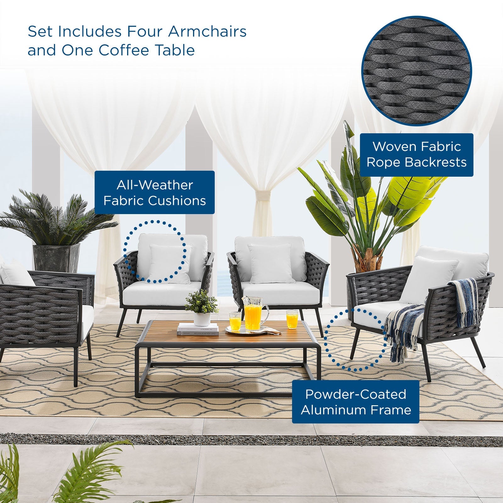 Stance 5 Piece Outdoor Patio Aluminum Sectional Sofa Set - East Shore Modern Home Furnishings
