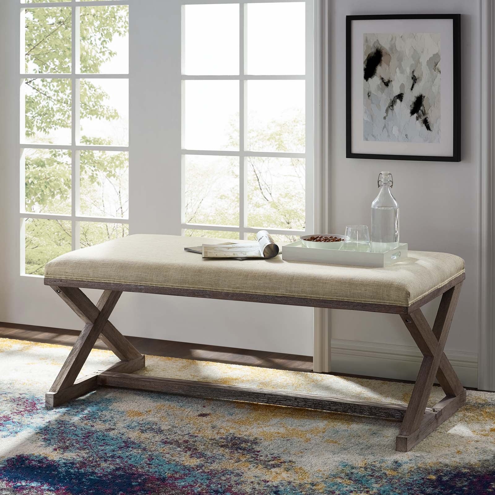 Province Vintage French X-Brace Upholstered Fabric Bench - East Shore Modern Home Furnishings