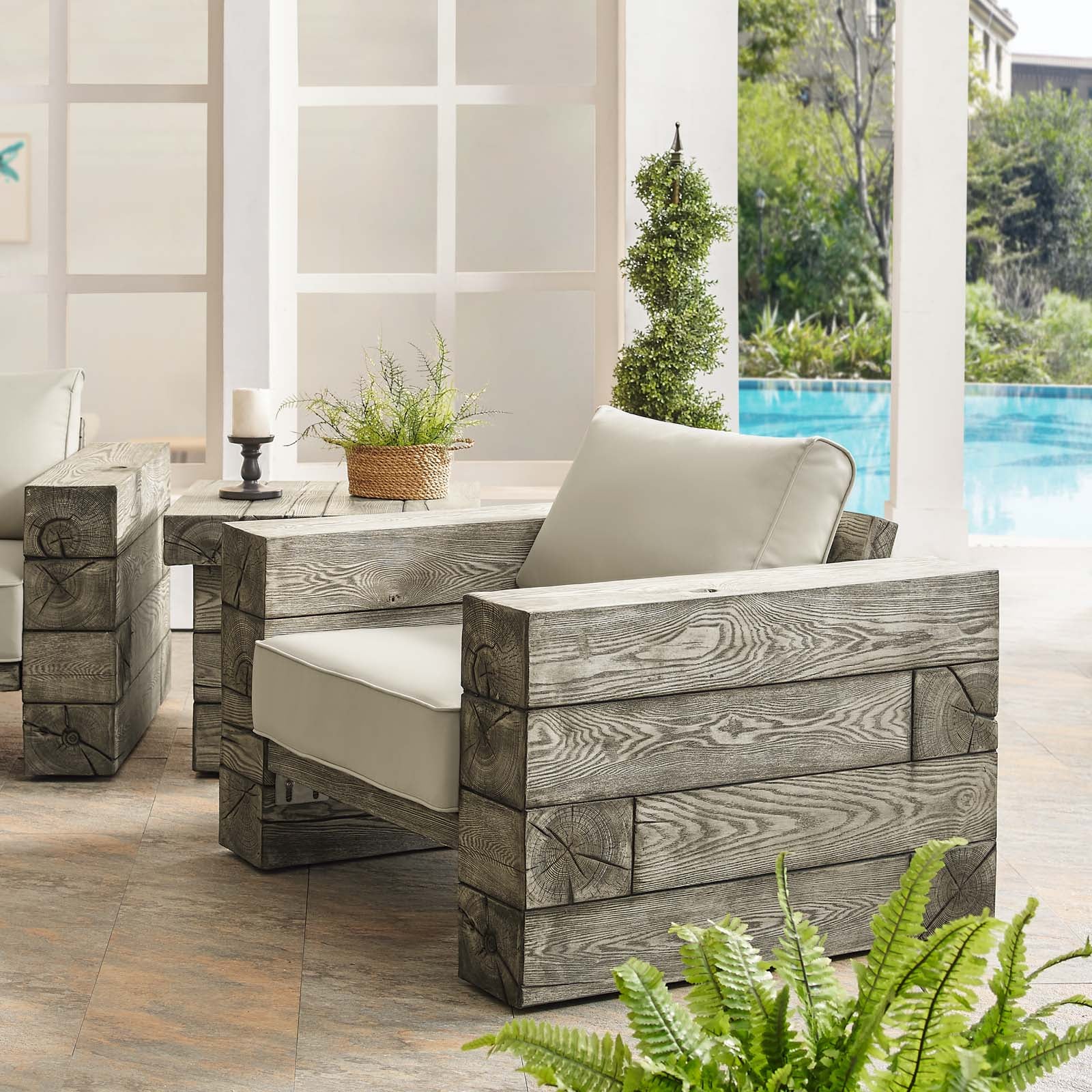 Manteo Rustic Coastal Outdoor Patio Sunbrella®  Lounge Armchair - East Shore Modern Home Furnishings