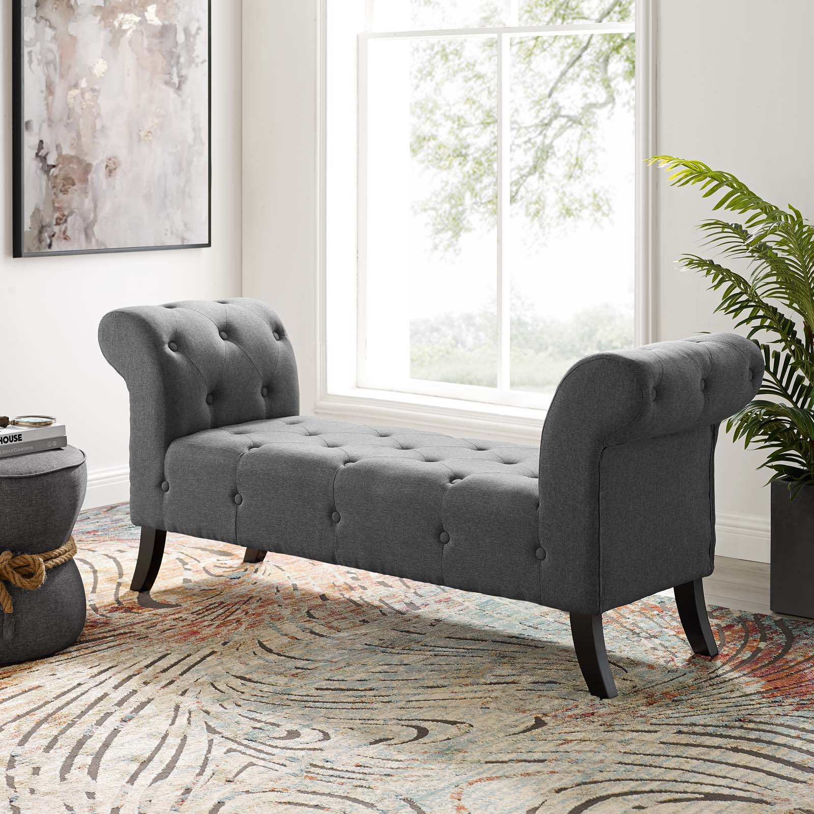 Evince Button Tufted Accent Upholstered Fabric Bench - East Shore Modern Home Furnishings