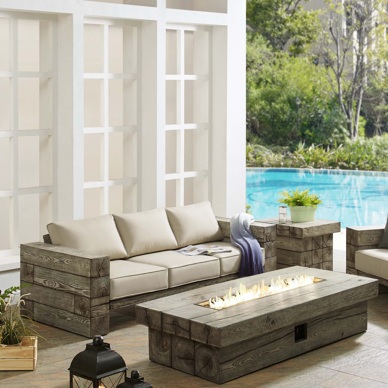 Manteo Rustic Coastal Outdoor Patio Sunbrella® Sofa and Fire Pit Set