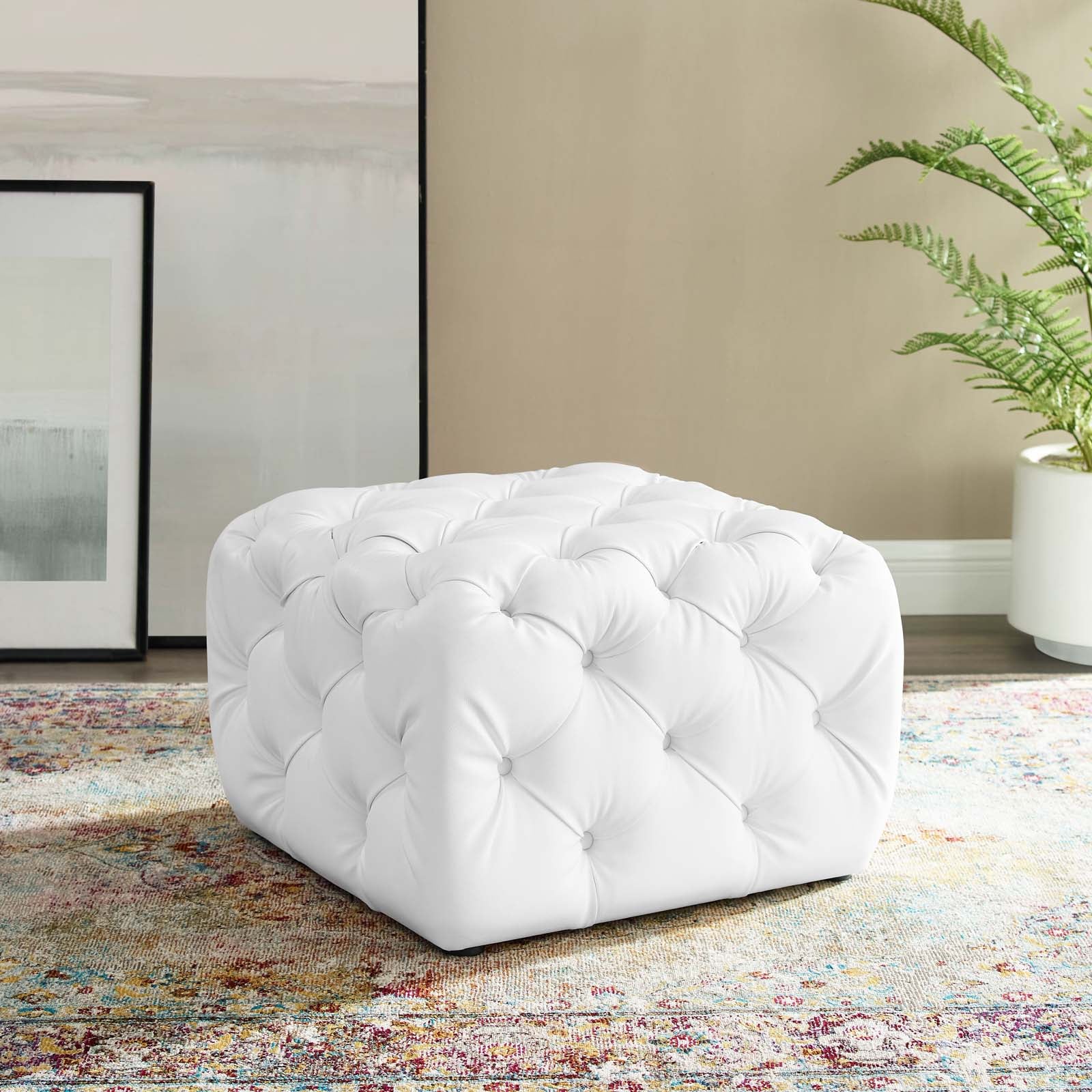 Amour Tufted Button Square Faux Leather Ottoman - East Shore Modern Home Furnishings