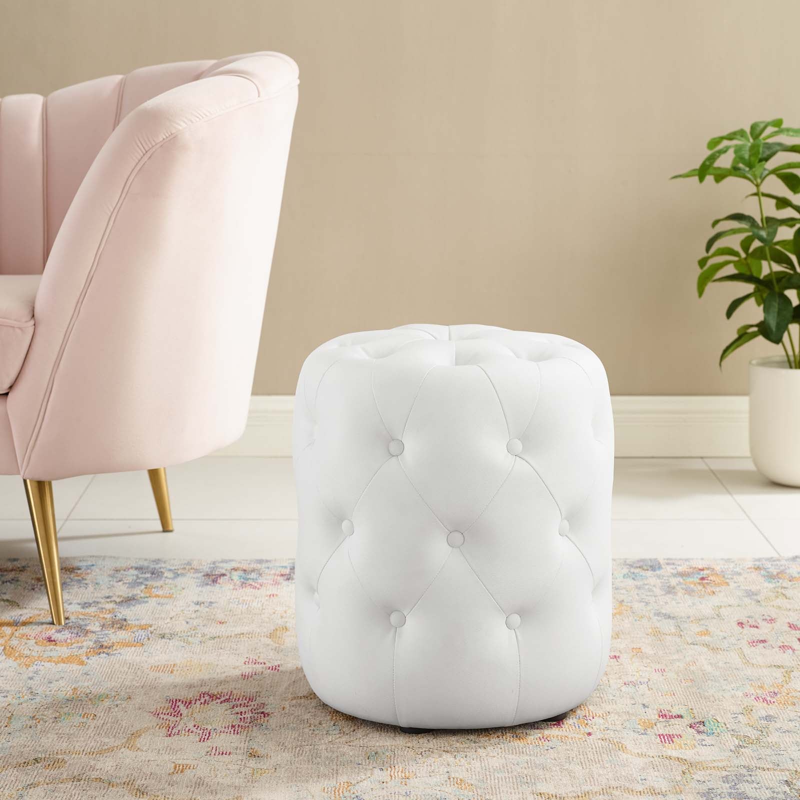 Amour Tufted Button Round Faux Leather Ottoman - East Shore Modern Home Furnishings