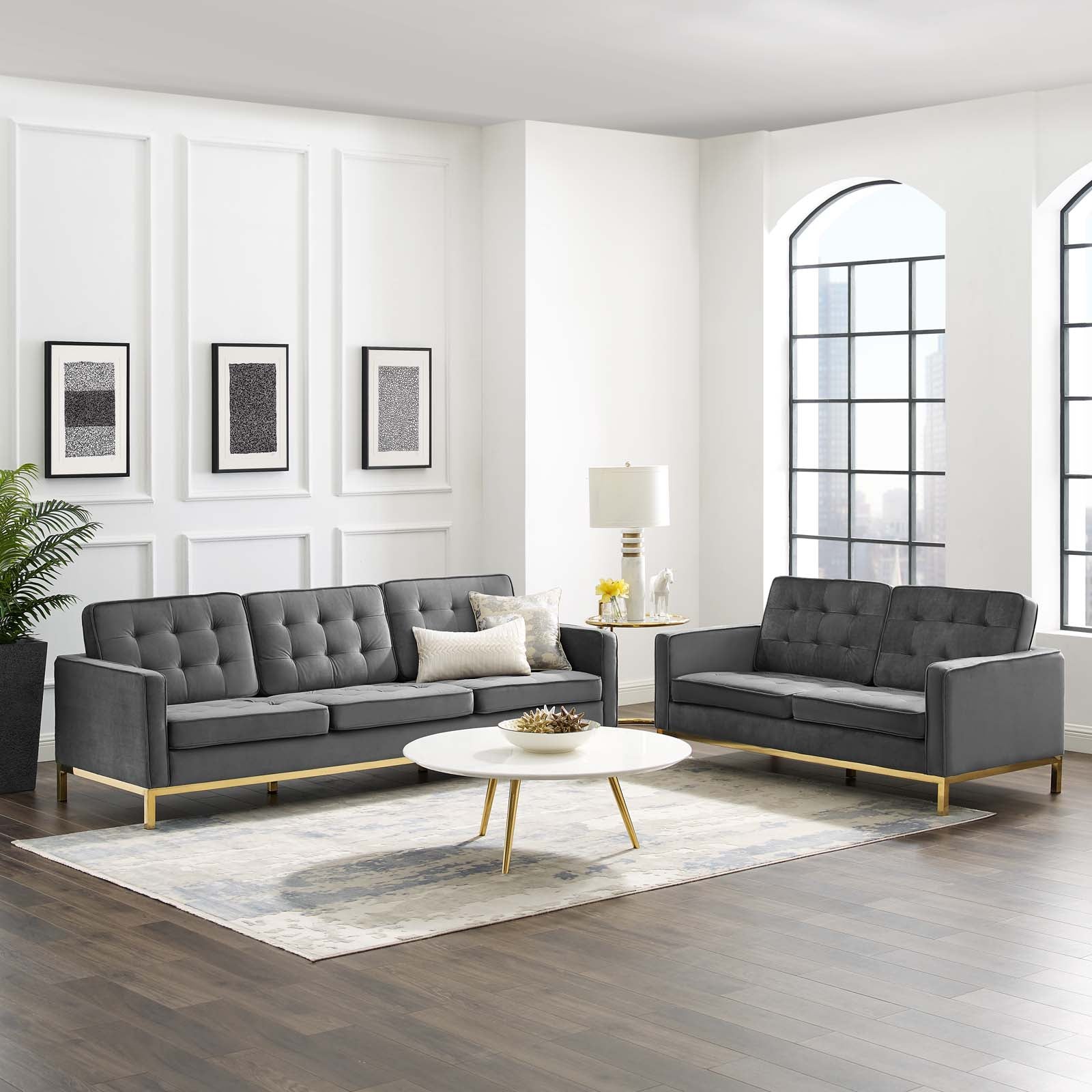 Loft Gold Stainless Steel Leg Performance Velvet Sofa and Loveseat Set - East Shore Modern Home Furnishings