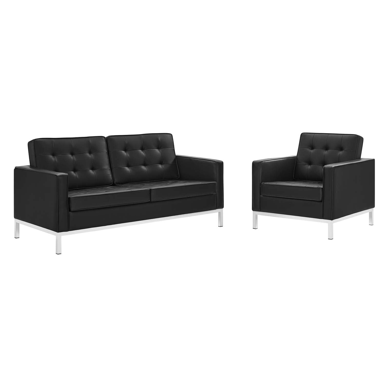 Loft Tufted Upholstered Faux Leather Loveseat and Armchair Set
