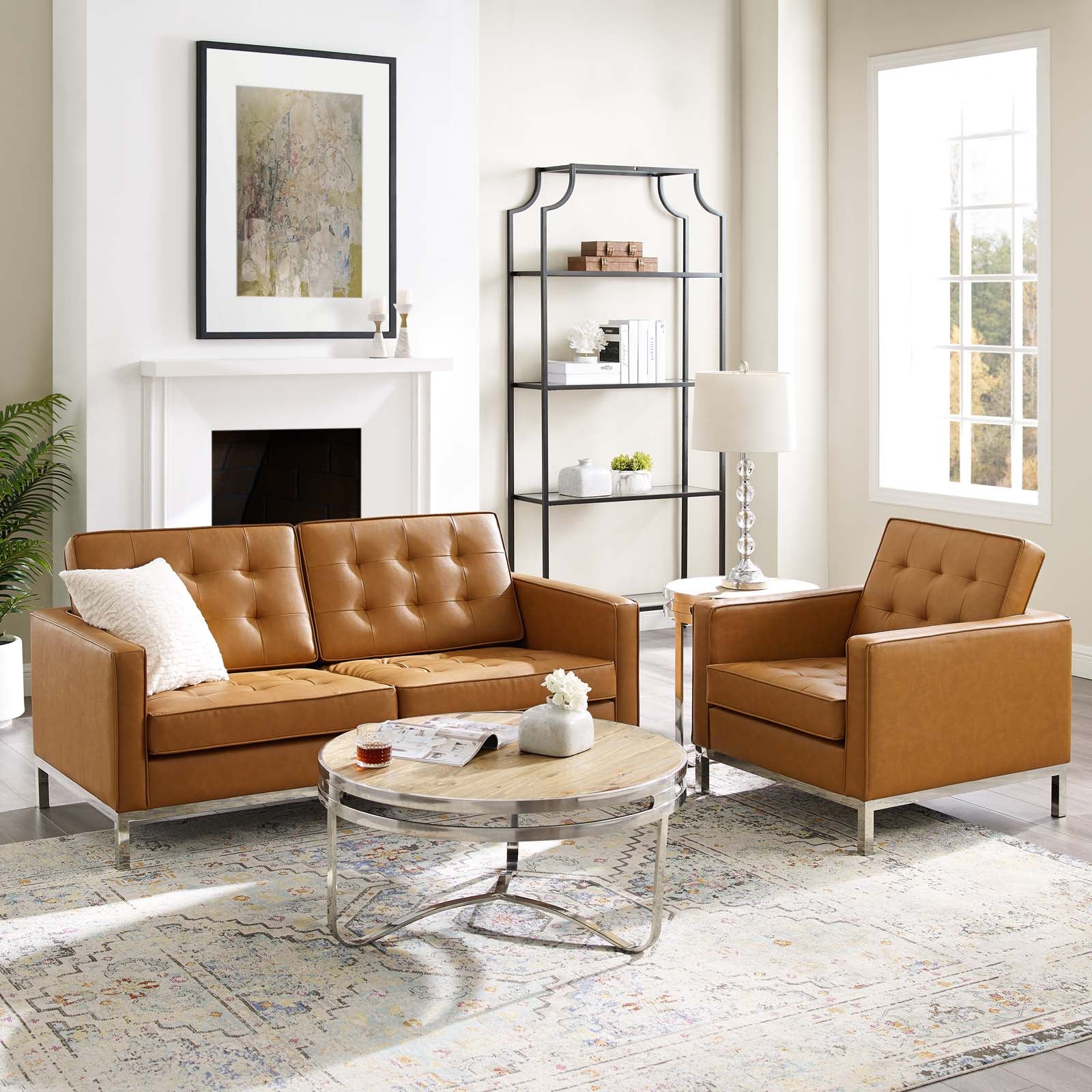 Loft Tufted Upholstered Faux Leather Loveseat and Armchair Set - East Shore Modern Home Furnishings