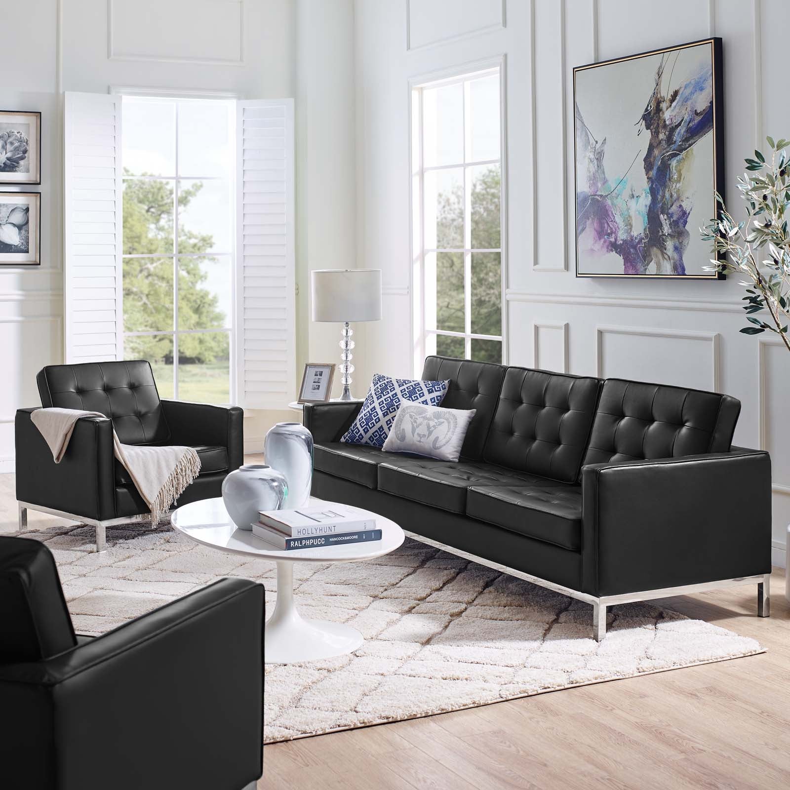 Loft Tufted Upholstered Faux Leather Sofa and Armchair Set - East Shore Modern Home Furnishings