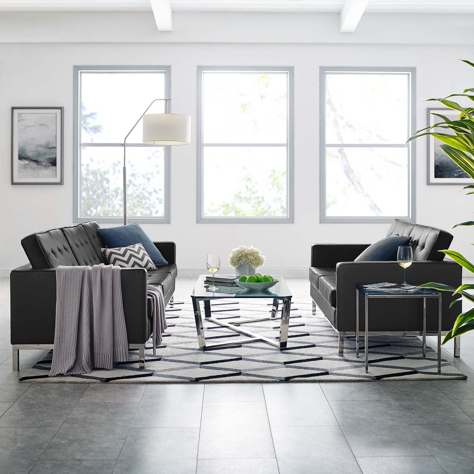 Loft Tufted Upholstered Faux Leather Sofa and Loveseat Set