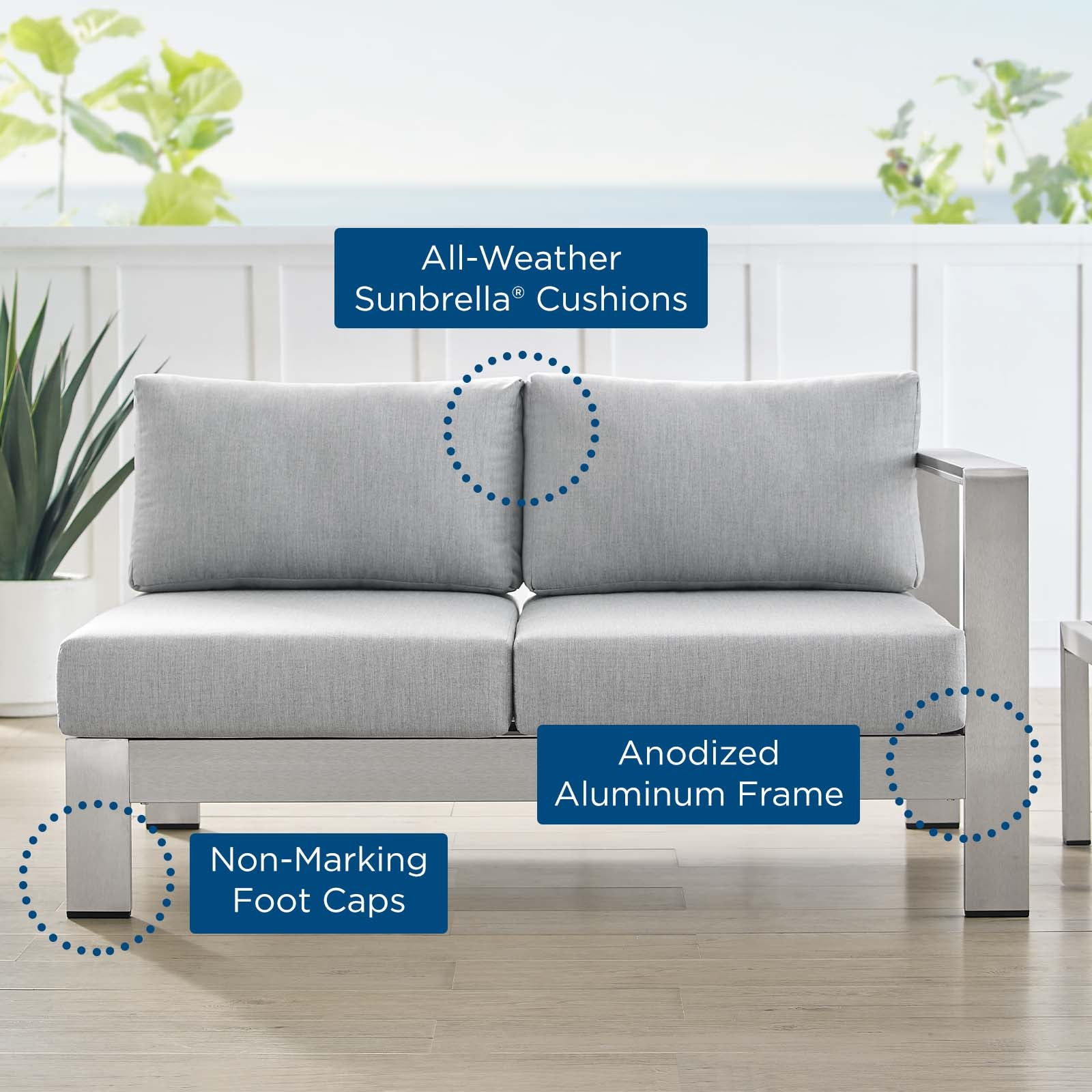 Shore Sunbrella® Fabric Aluminum Outdoor Patio Right-Arm Loveseat - East Shore Modern Home Furnishings